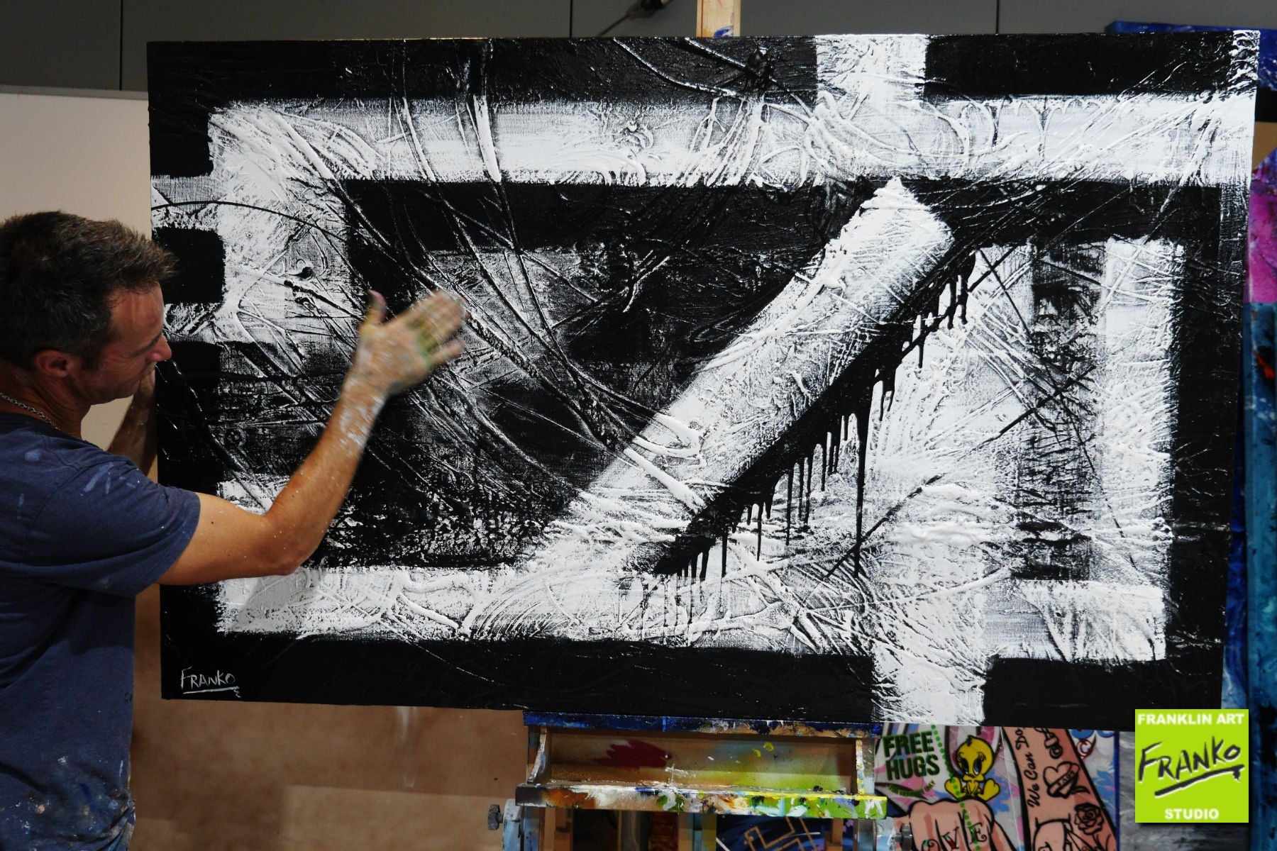Geometry Squared 160cm x 100cm Black White Textured Abstract Painting (SOLD)-Abstract-[Franko_Artist]-[The_Block]-[Dream_Homes]-[ideas]- [Grand_Designs]-Franklin Art Studio