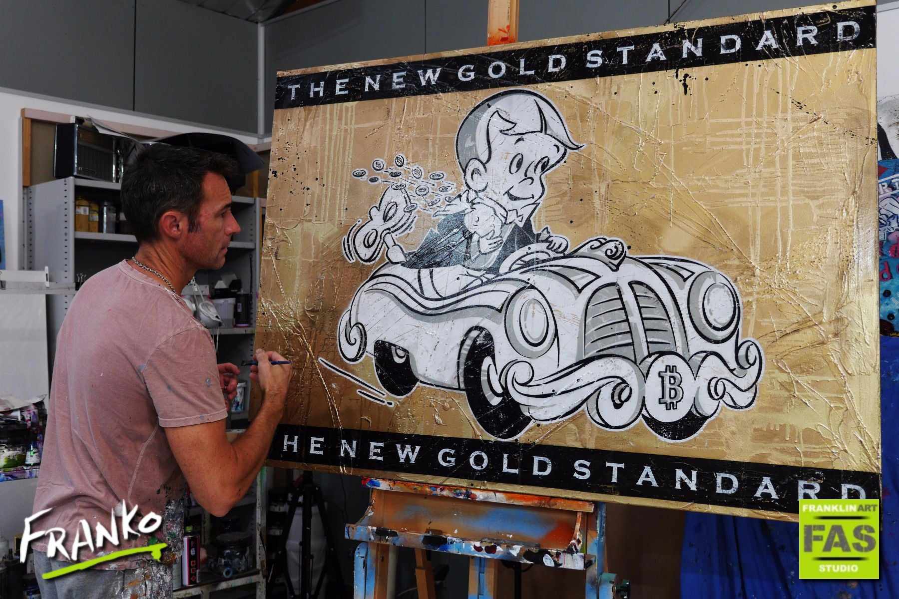 Getaway Richie - Gold Standard V3 140cm x 100cm Richie Rich Bitcoin (SOLD)-bitcoin themed-[Franko_Artist]-[The_Block]-[Dream_Homes]-[ideas]- [Grand_Designs]-Franklin Art Studio