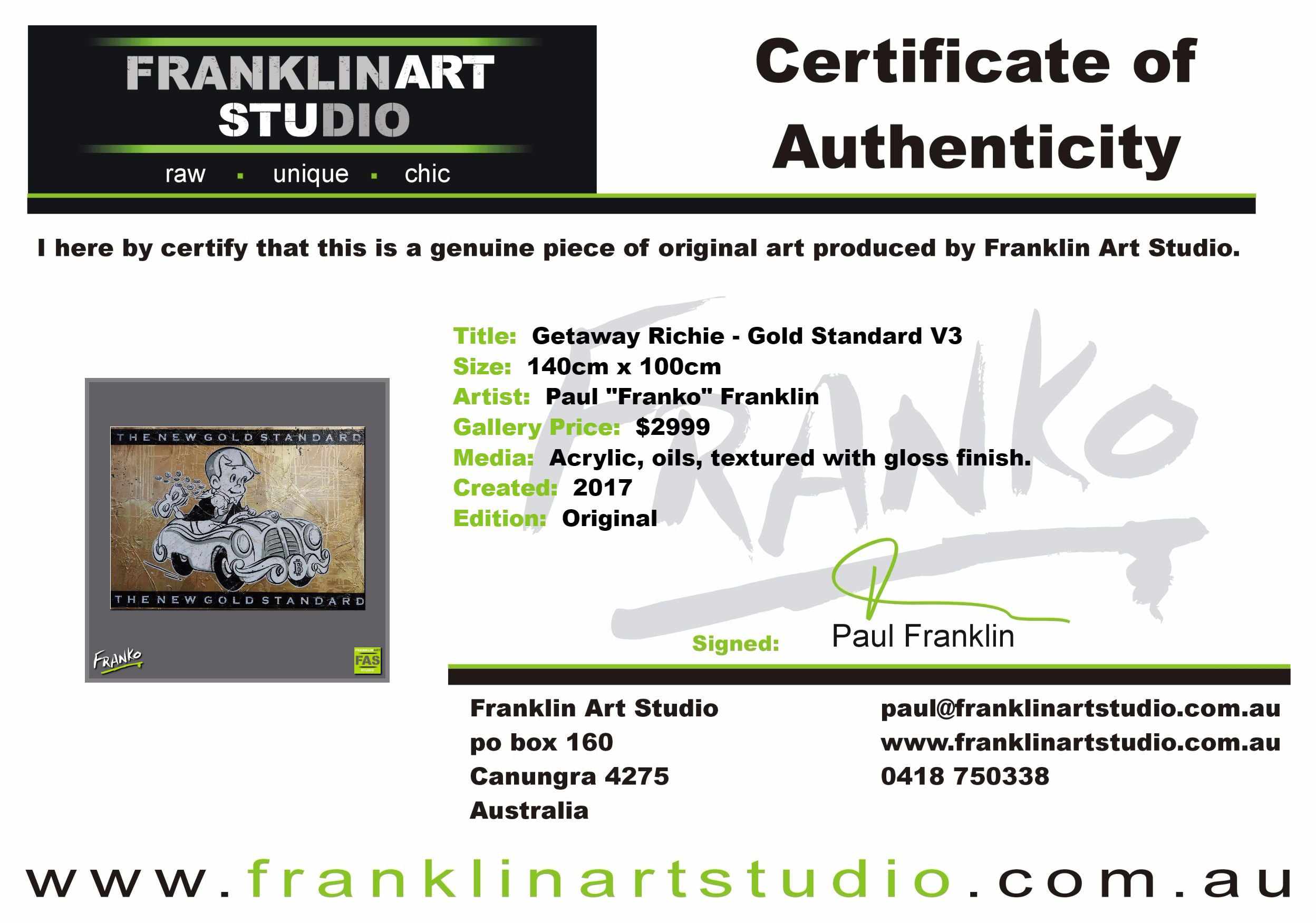 Getaway Richie - Gold Standard V3 140cm x 100cm Richie Rich Bitcoin (SOLD)-bitcoin themed-[Franko_Artist]-[The_Block]-[Dream_Homes]-[ideas]-[Grand_Designs]-[Art_Lover]-Franklin Art Studio