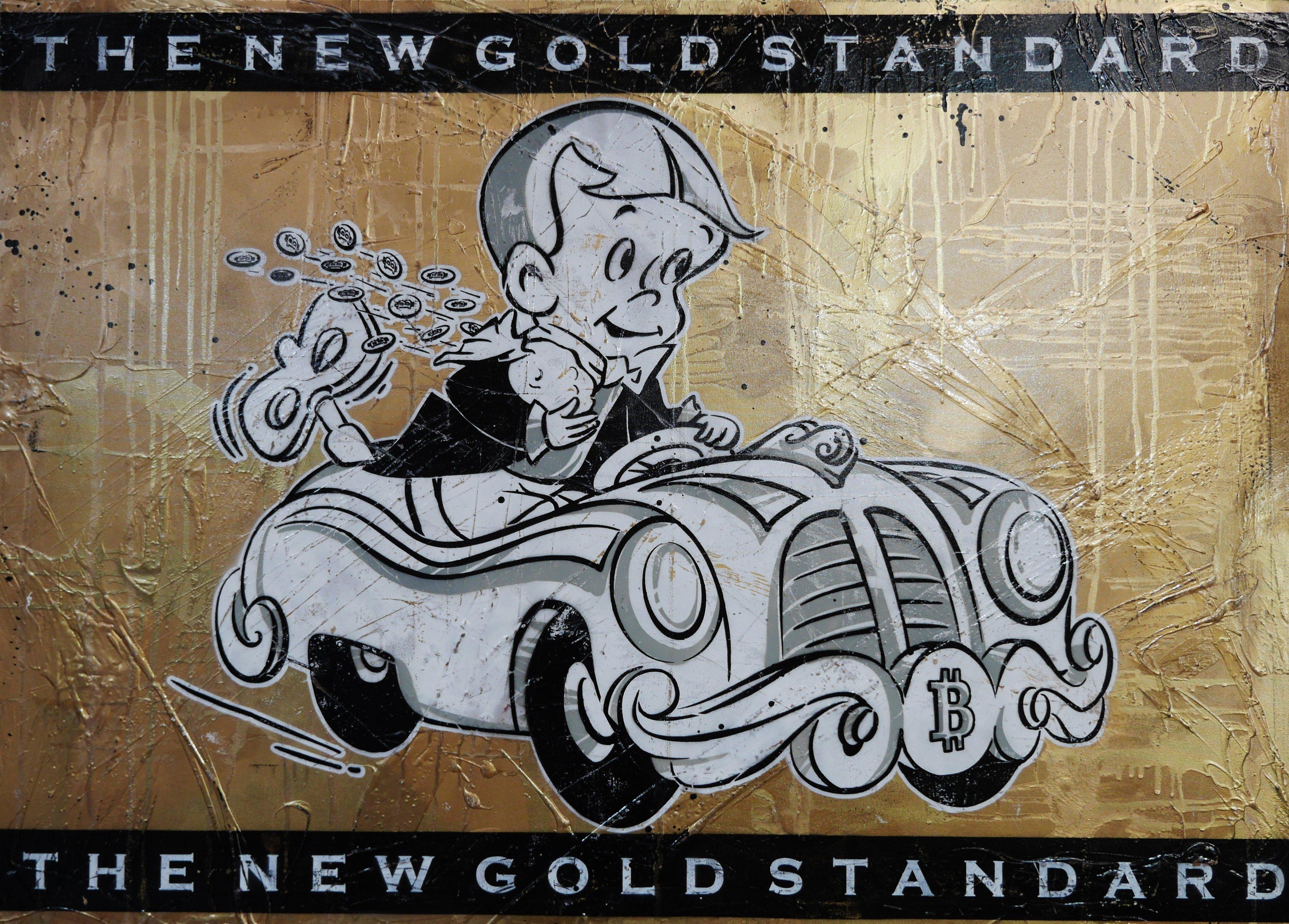 Getaway Richie - Gold Standard V3 140cm x 100cm Richie Rich Bitcoin (SOLD)-bitcoin themed-[Franko_Artist]-[Australian_artist]-[Gold_Coast]-[Brisbane]-[modern]-[contemporary]-[original]-[Large_artwork]-Franklin Art Studio