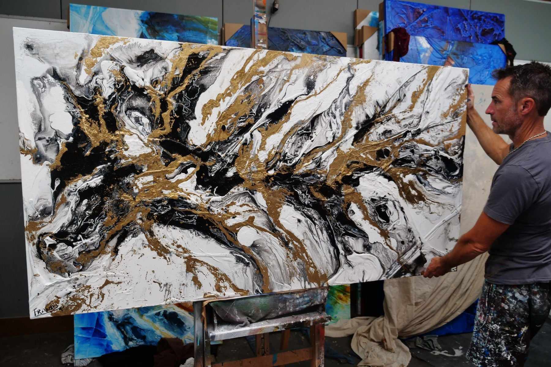 Glitz 190cm x 100cm White Black Gold Textured Abstract Painting (SOLD)-Abstract-[Franko_Artist]-[The_Block]-[Dream_Homes]-[ideas]- [Grand_Designs]-Franklin Art Studio