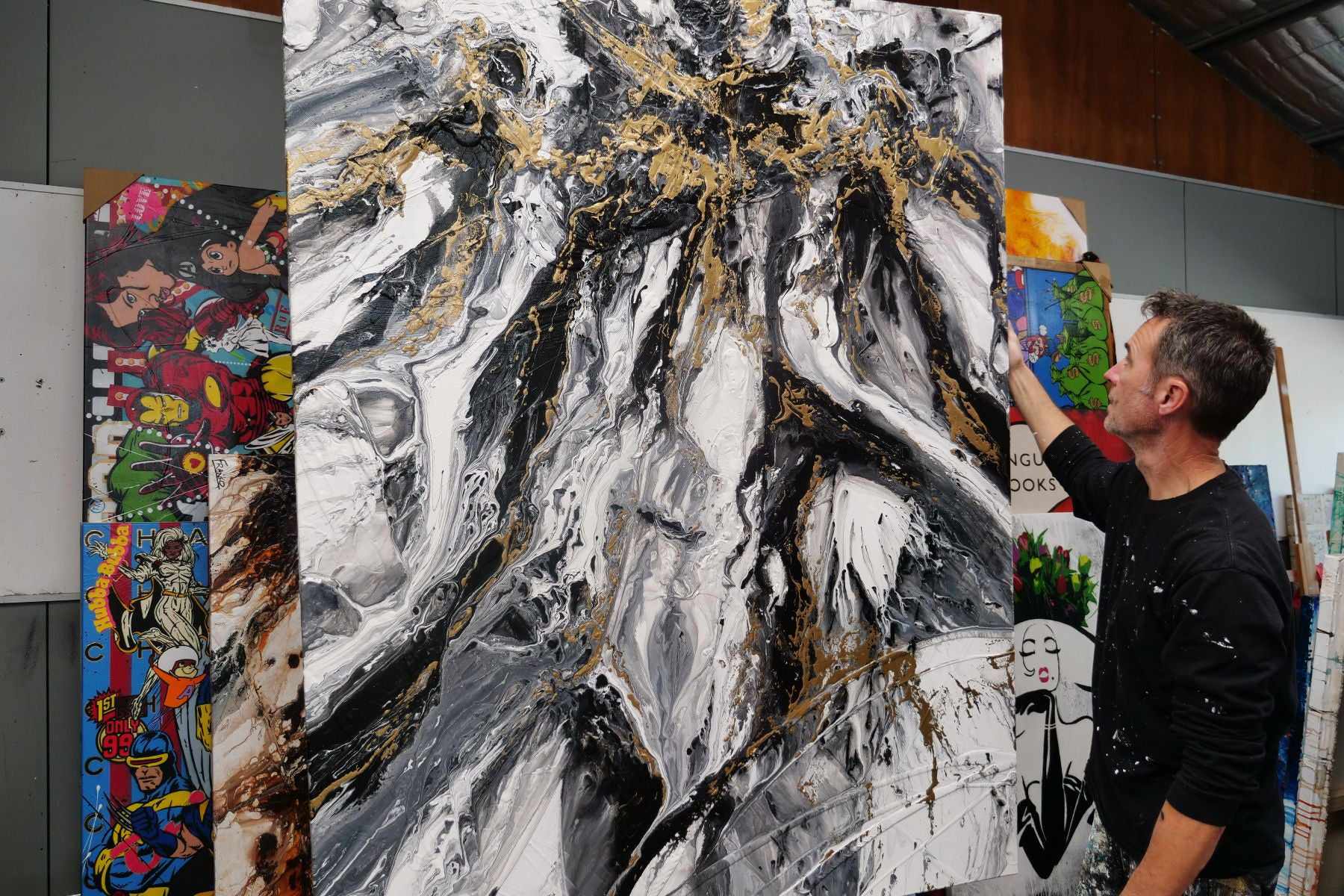 Glitz and Glamour 140cm x 180cm Black Gold White Textured Abstract Painting (SOLD)-Abstract-[Franko_Artist]-[The_Block]-[Dream_Homes]-[ideas]-[Grand_Designs]-[Art_Lover]-Franklin Art Studio
