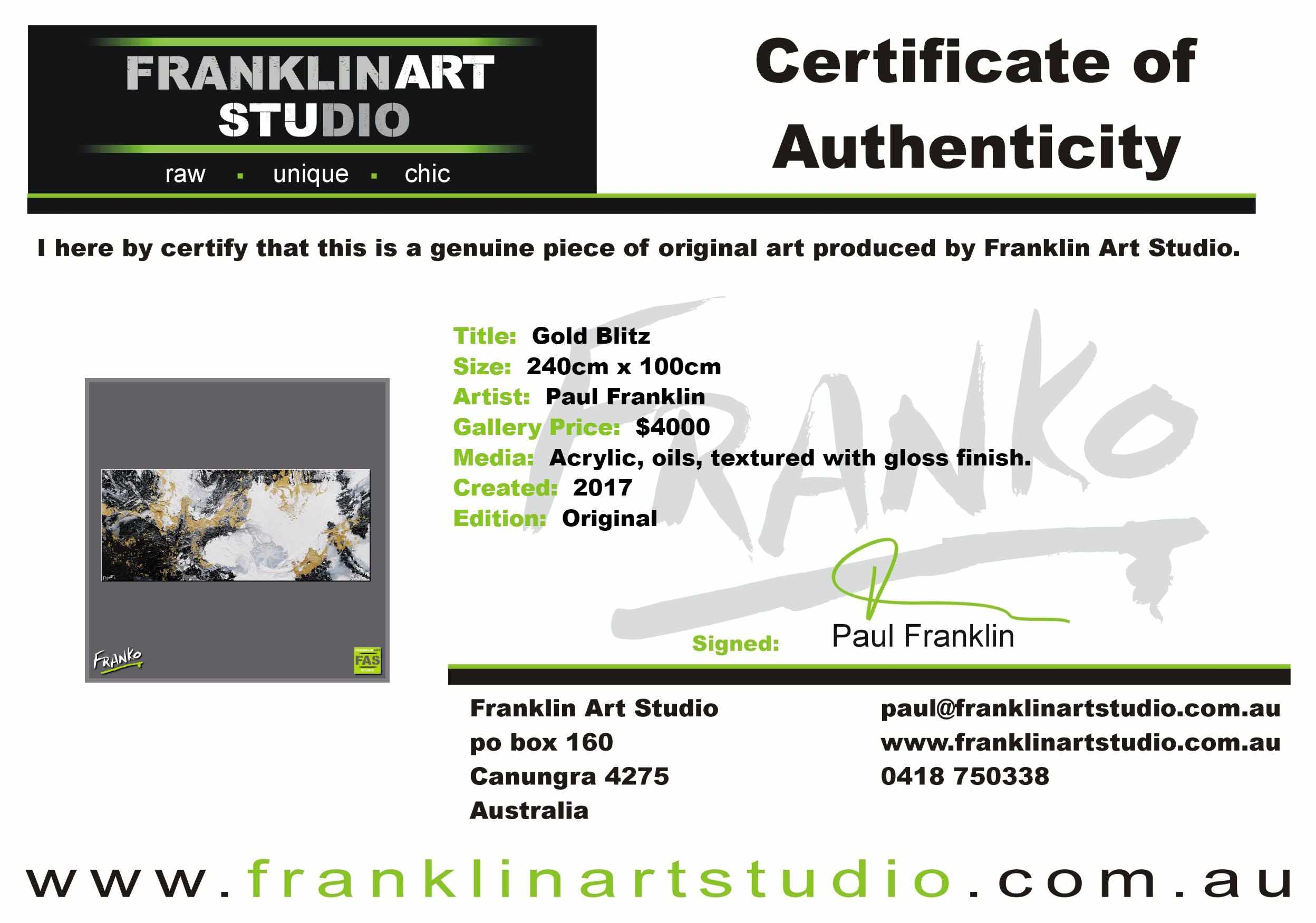 Gold Blitz 240cm x 100cm Black White Gold (SOLD)-abstract-[Franko_Artist]-[The_Block]-[Dream_Homes]-[ideas]-[Grand_Designs]-[Art_Lover]-Franklin Art Studio