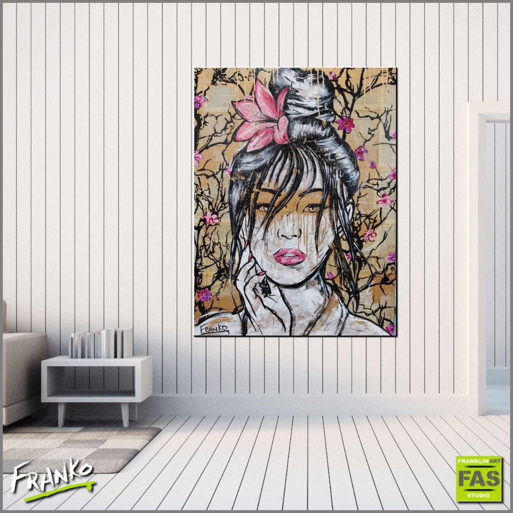 Golden 75cm x 100cm Geisha Book Club Base "Memoirs Of A Geisha" Vintage Book Pop art Painting (SOLD)-book club-[Franko_Artist]-[Australian_artist]-[Gold_Coast]-[Brisbane]-[modern]-[contemporary]-[original]-[Large_artwork]-[The_Block]-[Dream_Homes]-[ideas]-[Grand_Designs]-[Art_Lover]-Franklin Art Studio