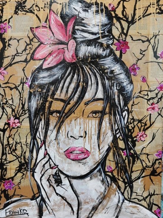 Golden 75cm x 100cm Geisha Book Club Base "Memoirs Of A Geisha" Vintage Book Pop art Painting (SOLD)-book club-[Franko_Artist]-[Australian_artist]-[Gold_Coast]-[Brisbane]-[modern]-[contemporary]-[original]-[Large_artwork]-Franklin Art Studio