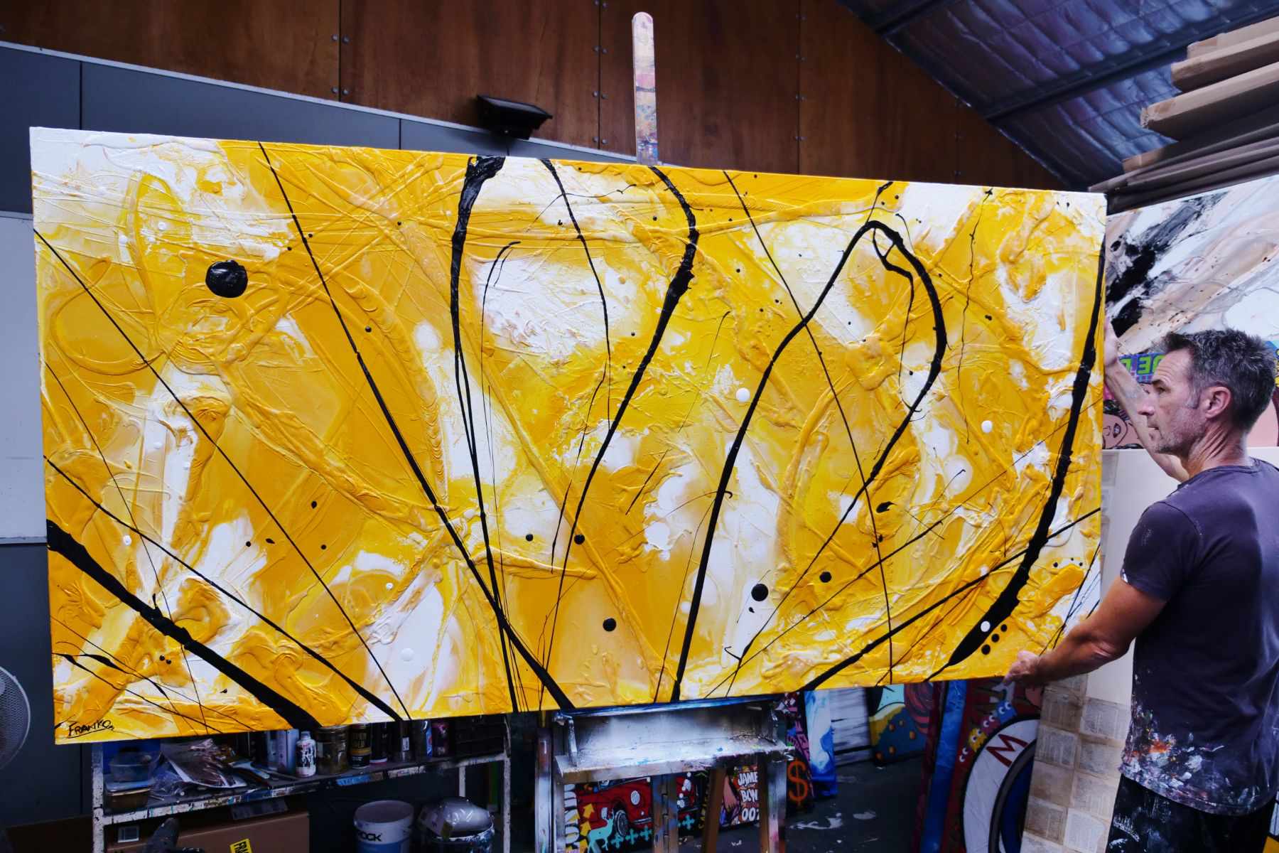 Golden Bandit 240cm x 120cm Yellow White Black Textured Abstract Painting (SOLD)-Abstract-[Franko_Artist]-[The_Block]-[Dream_Homes]-[ideas]- [Grand_Designs]-Franklin Art Studio