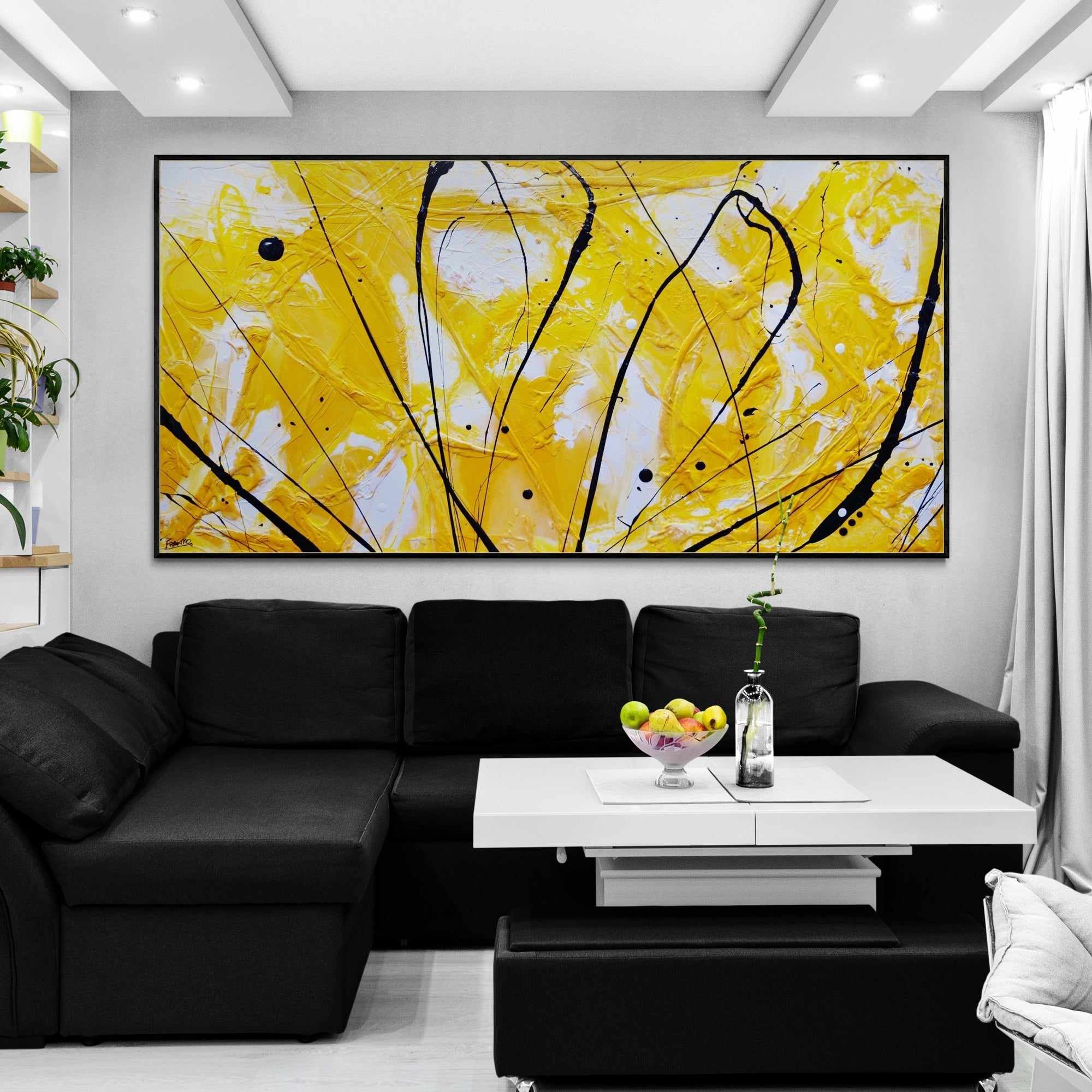 Golden Bandit 240cm x 120cm Yellow White Black Textured Abstract Painting (SOLD)-Abstract-[Franko_Artist]-[The_Block]-[Dream_Homes]-[ideas]-[Grand_Designs]-[Art_Lover]-Franklin Art Studio