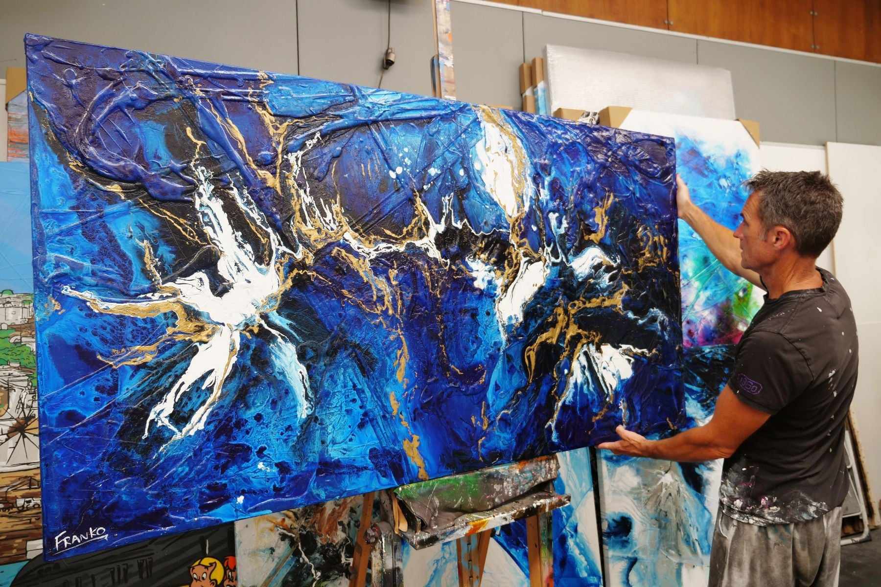 Golden Blu 190cm x 100cm Blue Gold Textured Abstract Painting (SOLD)-Abstract-[Franko_Artist]-[The_Block]-[Dream_Homes]-[ideas]-[Grand_Designs]-[Art_Lover]-Franklin Art Studio