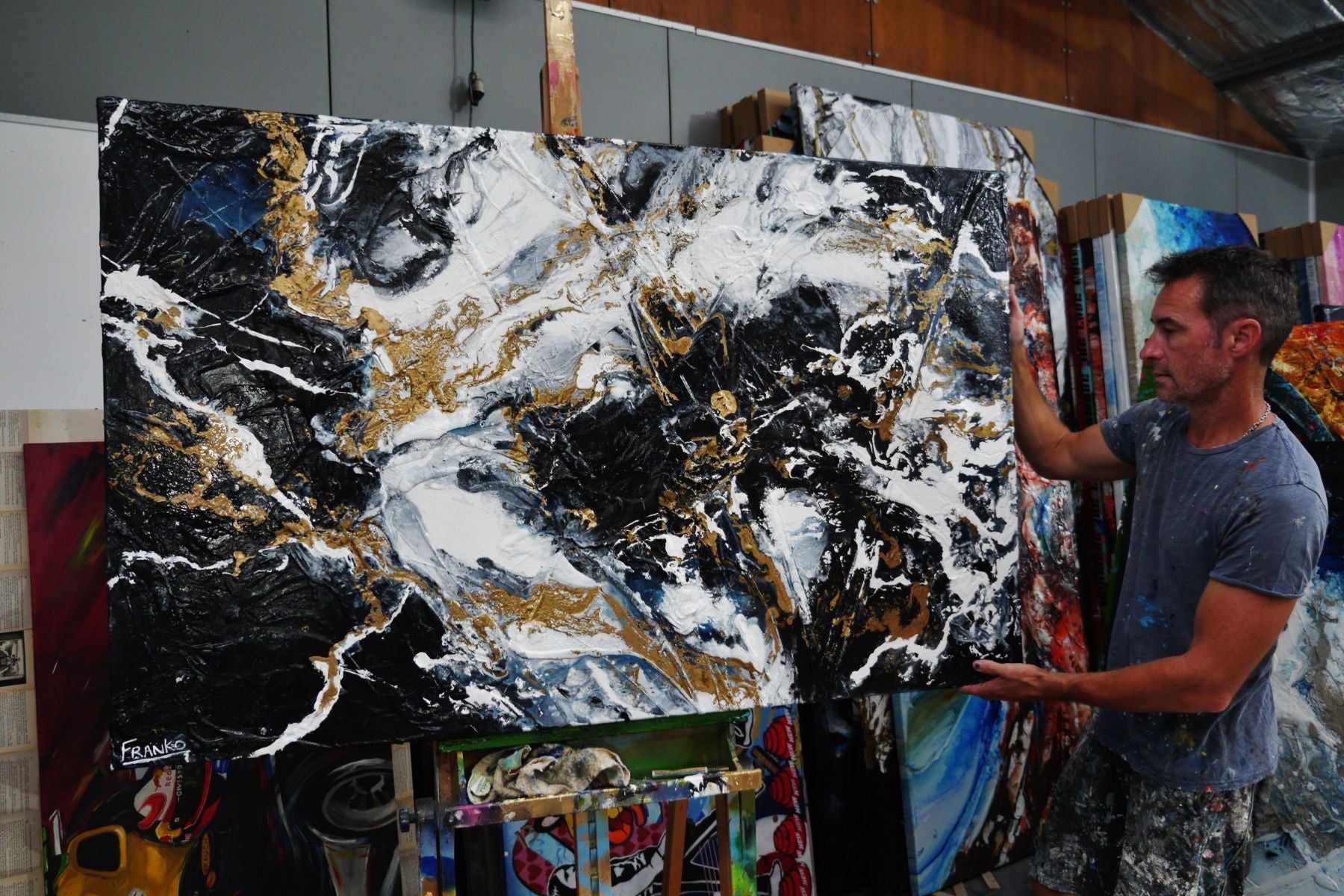 Golden Blu Ransom 160cm x 100cm Black Gold Textured Abstract Painting (SOLD)-Abstract-[Franko_Artist]-[The_Block]-[Dream_Homes]-[ideas]- [Grand_Designs]-Franklin Art Studio
