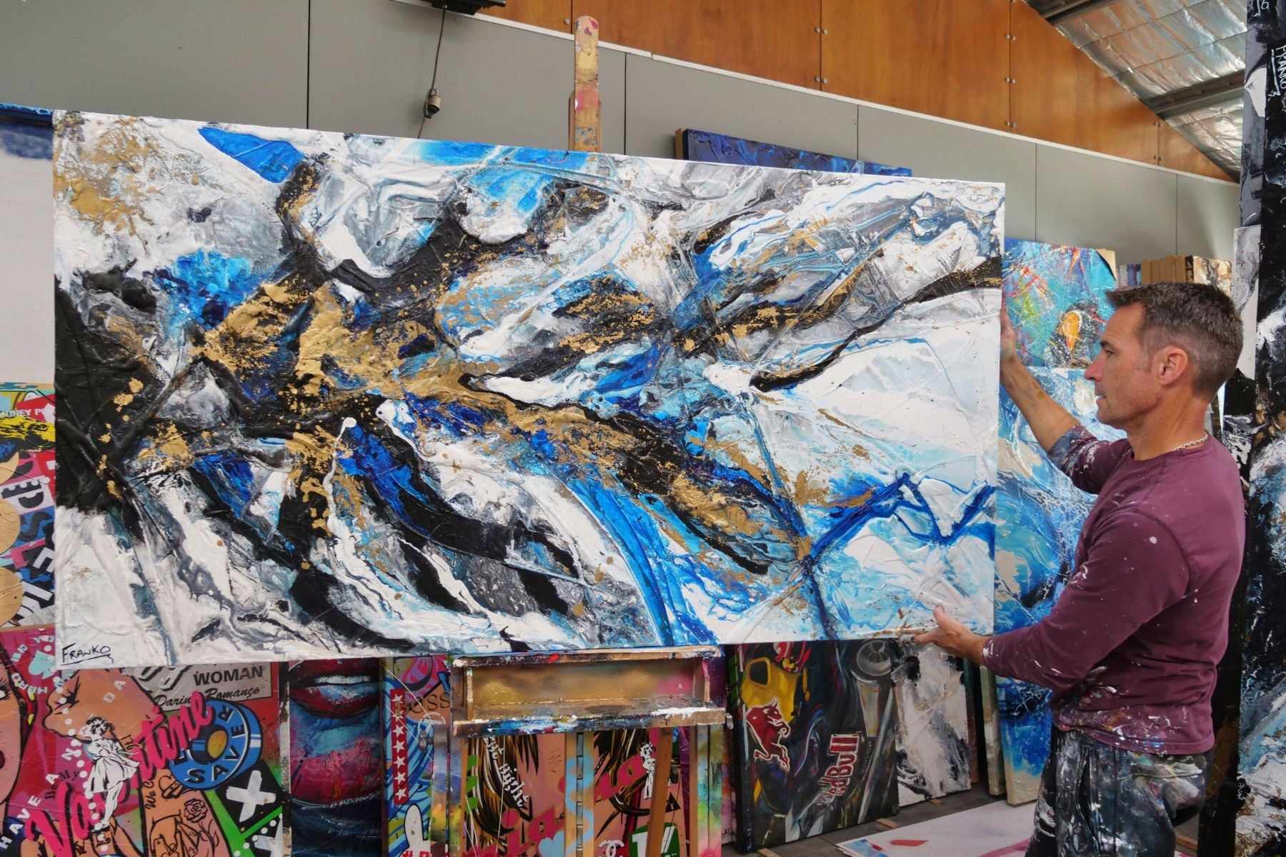 Golden Blue 190cm x 100cm Blue Gold Textured Abstract Painting (SOLD)-Abstract-[Franko_Artist]-[The_Block]-[Dream_Homes]-[ideas]- [Grand_Designs]-Franklin Art Studio