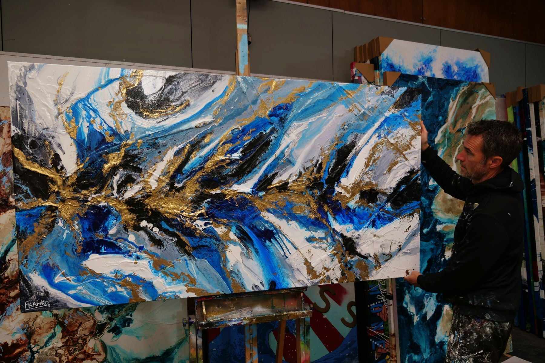Golden Blue Silk 190cm x 100cm Blue Gold Grey Textured Abstract Painting (SOLD)-Abstract-[Franko_Artist]-[The_Block]-[Dream_Homes]-[ideas]- [Grand_Designs]-Franklin Art Studio
