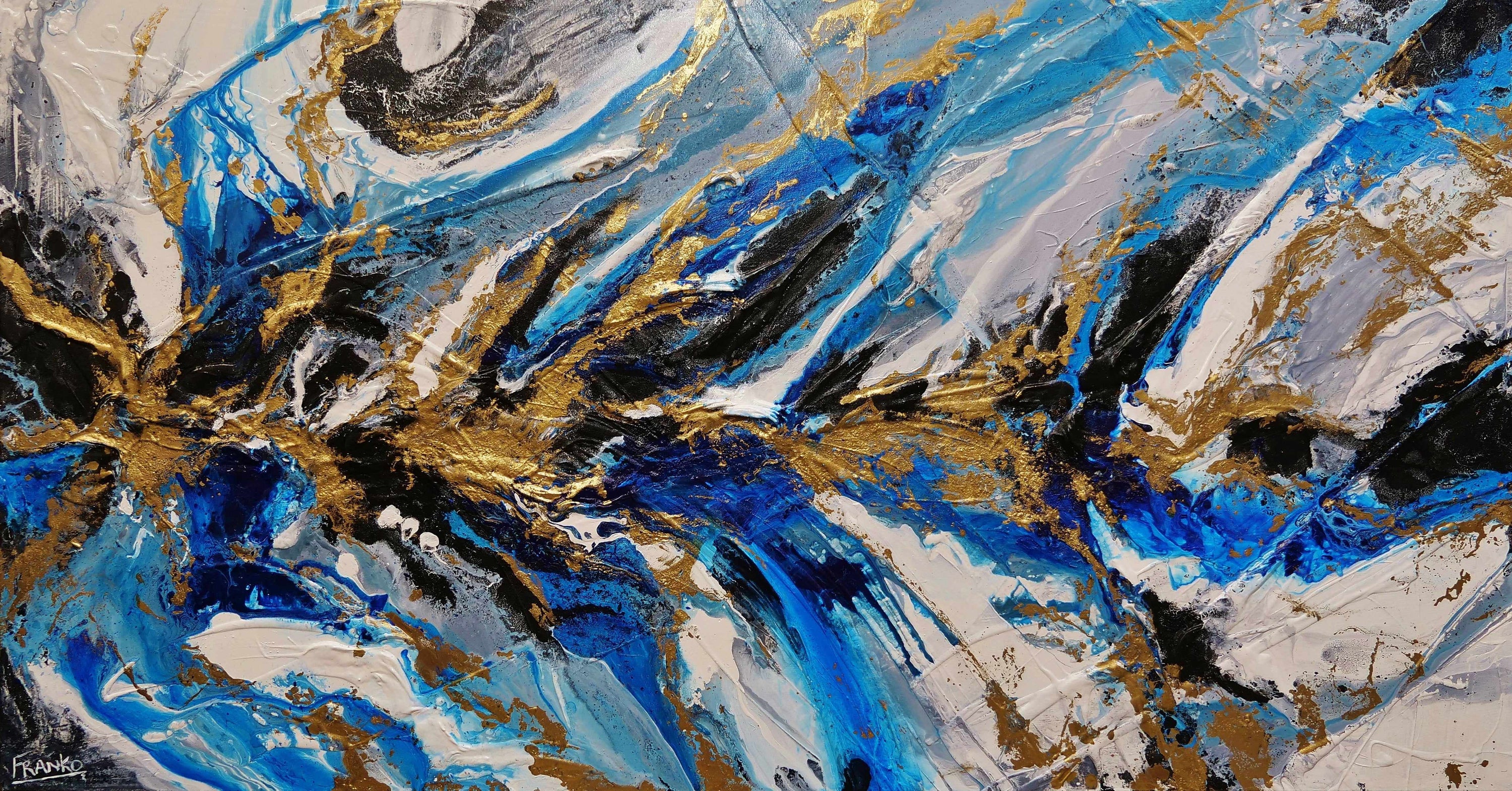 Golden Blue Silk 190cm x 100cm Blue Gold Grey Textured Abstract Painting (SOLD)-Abstract-[Franko_Artist]-[Australian_artist]-[Gold_Coast]-[Brisbane]-[modern]-[contemporary]-[original]-[Large_artwork]-Franklin Art Studio