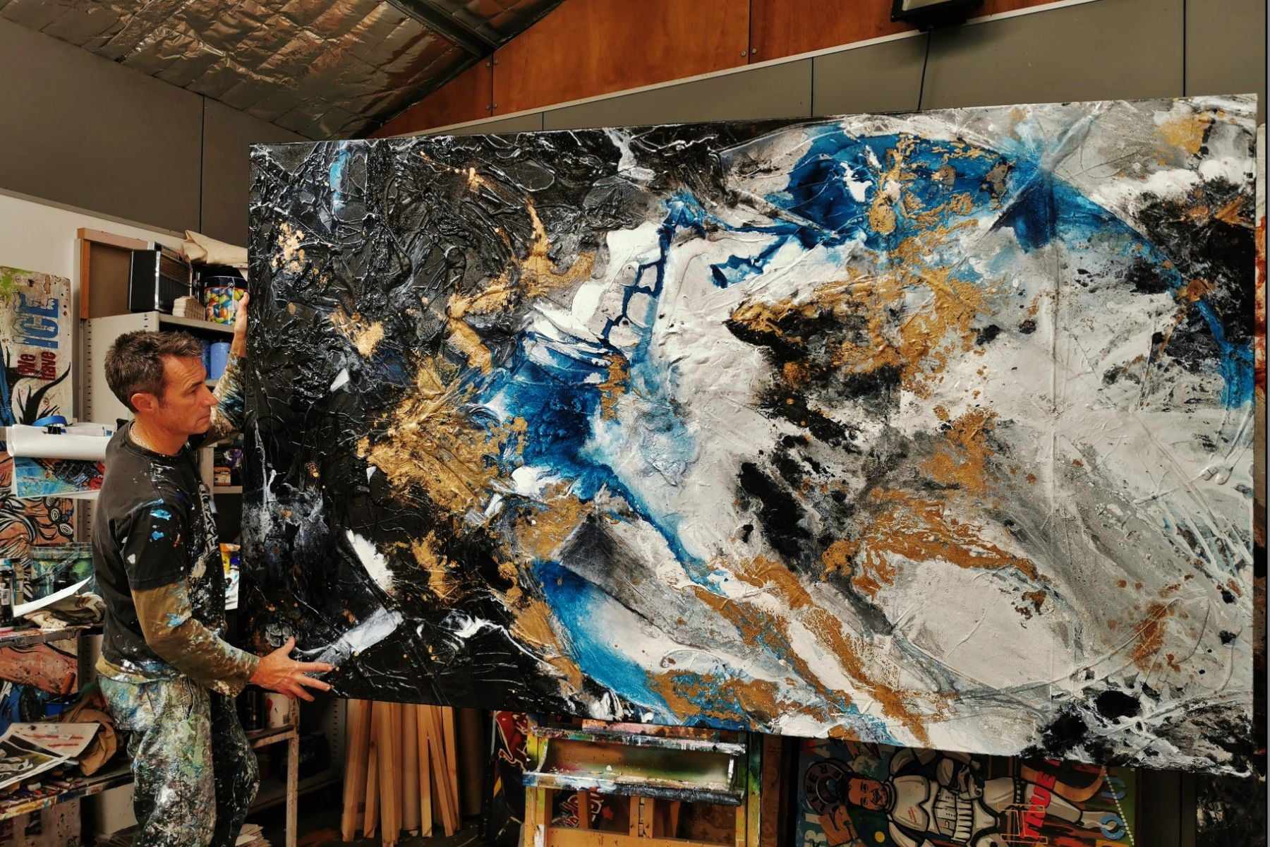 Golden Cobalt 250cm x 150cm Blue Black Grey Gold Textured Abstract Painting (SOLD)-Abstract-[Franko_Artist]-[The_Block]-[Dream_Homes]-[ideas]- [Grand_Designs]-Franklin Art Studio