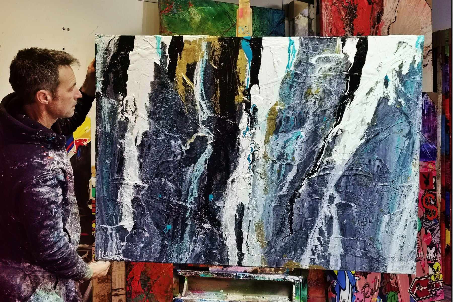Golden Cobalt Granite 140cm x 100cm Grey Black Textured Abstract Painting (SOLD)-Abstract-[Franko_Artist]-[The_Block]-[Dream_Homes]-[ideas]- [Grand_Designs]-Franklin Art Studio
