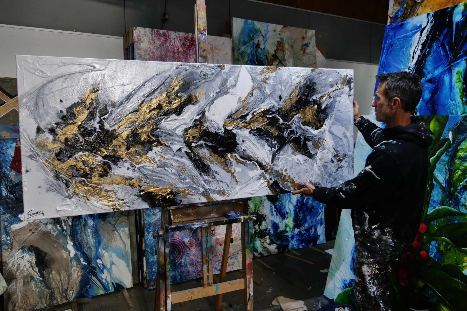 Golden Crunch 200cm x 80cm Grey Gold Textured Abstract Painting (SOLD)-Abstract-[Franko_Artist]-[The_Block]-[Dream_Homes]-[ideas]- [Grand_Designs]-Franklin Art Studio