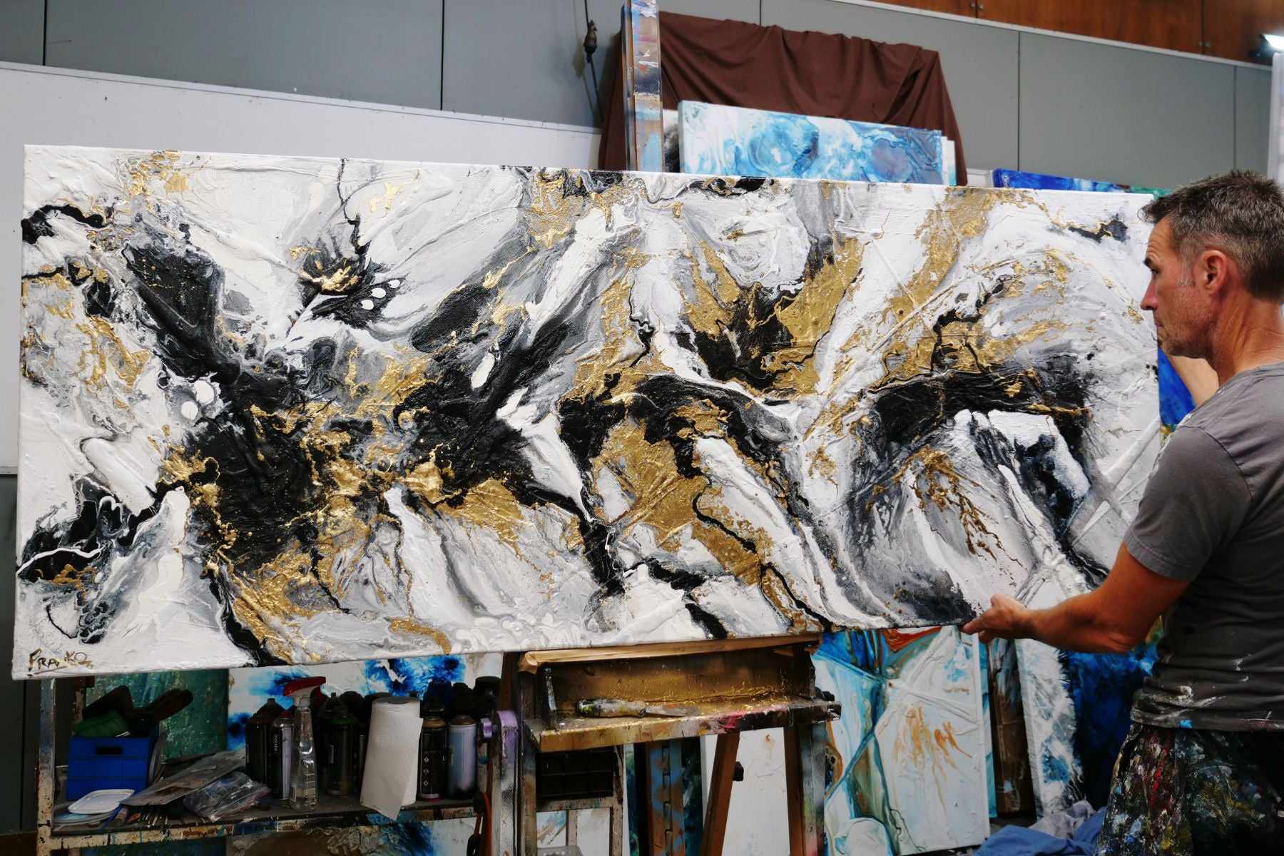 Golden Currency 200cm x 80cm Black White Gold Textured Abstract Painting (SOLD)-Abstract-[Franko_Artist]-[The_Block]-[Dream_Homes]-[ideas]- [Grand_Designs]-Franklin Art Studio