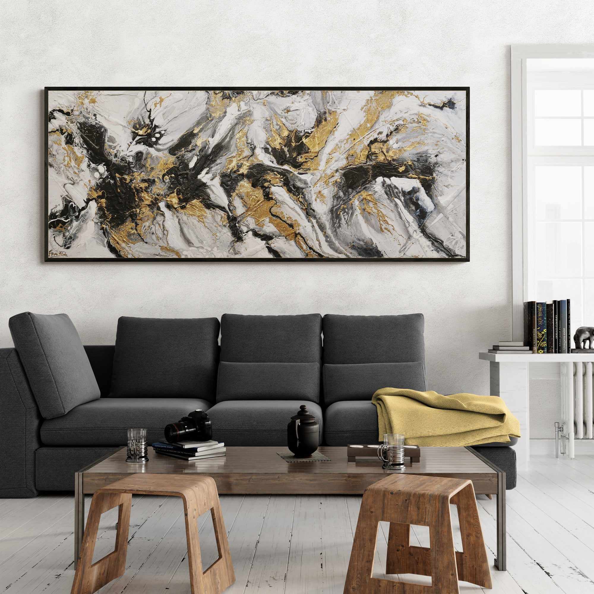 Golden Currency 200cm x 80cm Black White Gold Textured Abstract Painting (SOLD)-Abstract-[Franko_Artist]-[The_Block]-[Dream_Homes]-[ideas]-[Grand_Designs]-[Art_Lover]-Franklin Art Studio