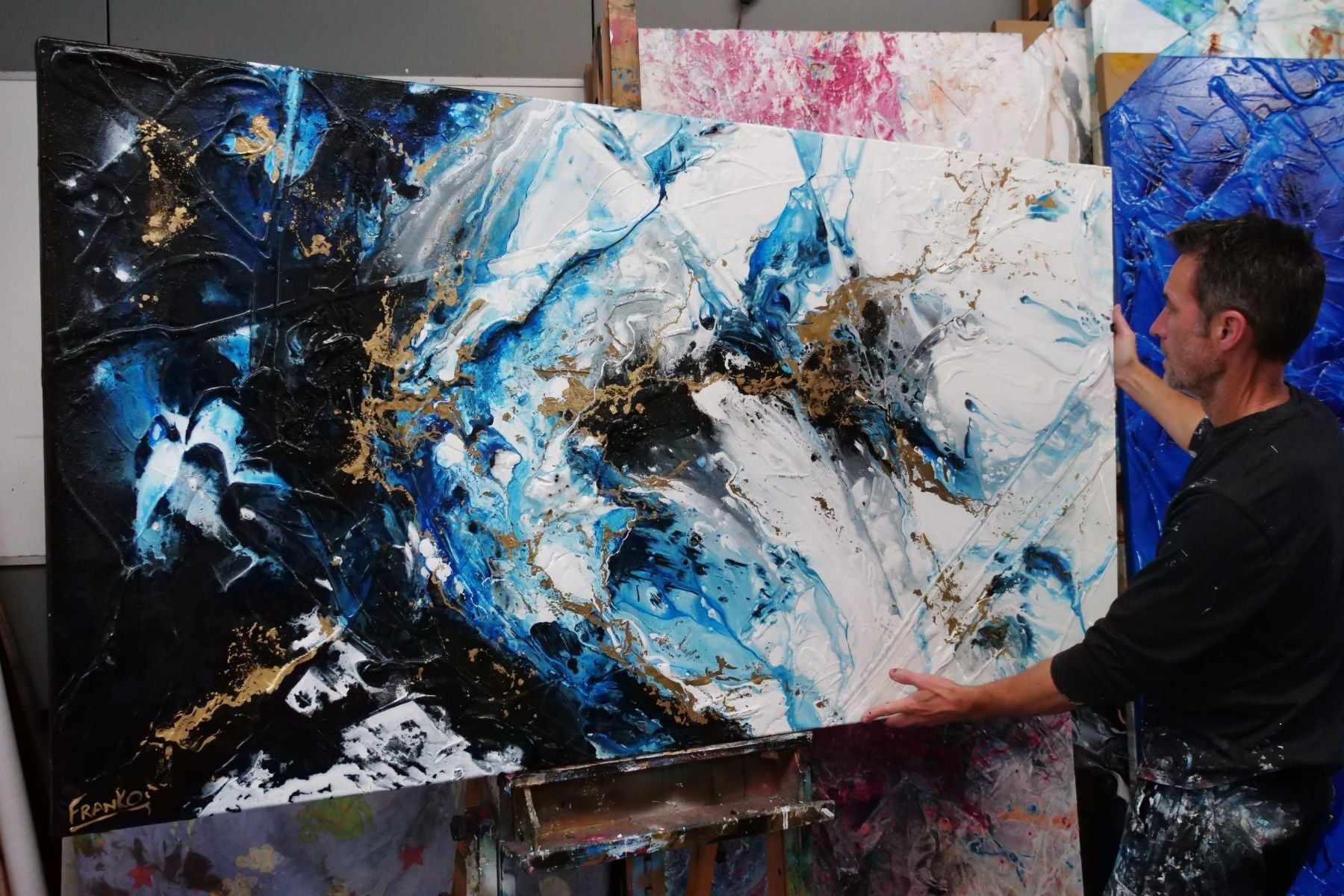 Golden Midnight 190cm x 100cm Gold Blue Black Textured Abstract Painting (SOLD)-Abstract-[Franko_Artist]-[The_Block]-[Dream_Homes]-[ideas]- [Grand_Designs]-Franklin Art Studio