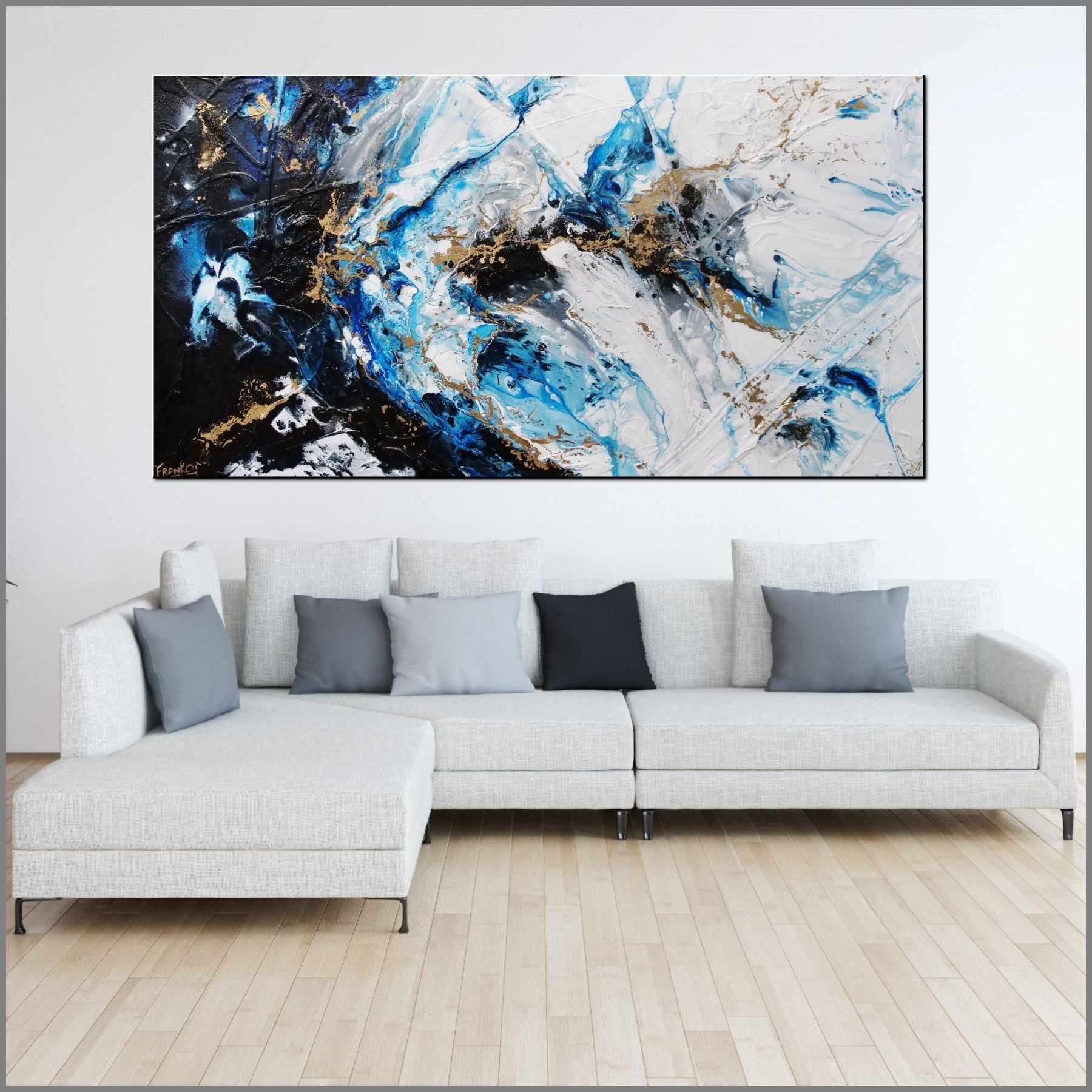 Golden Midnight 190cm x 100cm Gold Blue Black Textured Abstract Painting (SOLD)-Abstract-[Franko_Artist]-[Australian_artist]-[Gold_Coast]-[Brisbane]-[modern]-[contemporary]-[original]-[Large_artwork]-[The_Block]-[Dream_Homes]-[ideas]-[Grand_Designs]-[Art_Lover]-Franklin Art Studio
