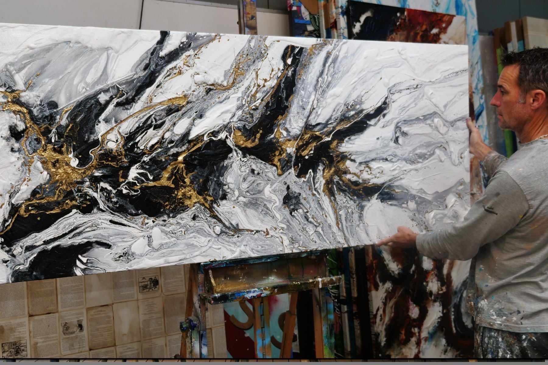Golden Nero 200cm x 80cm Gold White Black Textured Abstract Painting (SOLD)-Abstract-[Franko_Artist]-[The_Block]-[Dream_Homes]-[ideas]- [Grand_Designs]-Franklin Art Studio