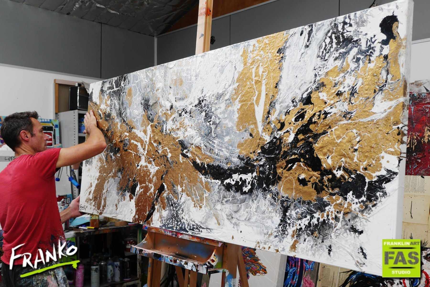 Golden Oxygen 200cm x 80cm White Black Gold Textured Abstract Painting (SOLD)-Abstract-[Franko_Artist]-[The_Block]-[Dream_Homes]-[ideas]- [Grand_Designs]-Franklin Art Studio
