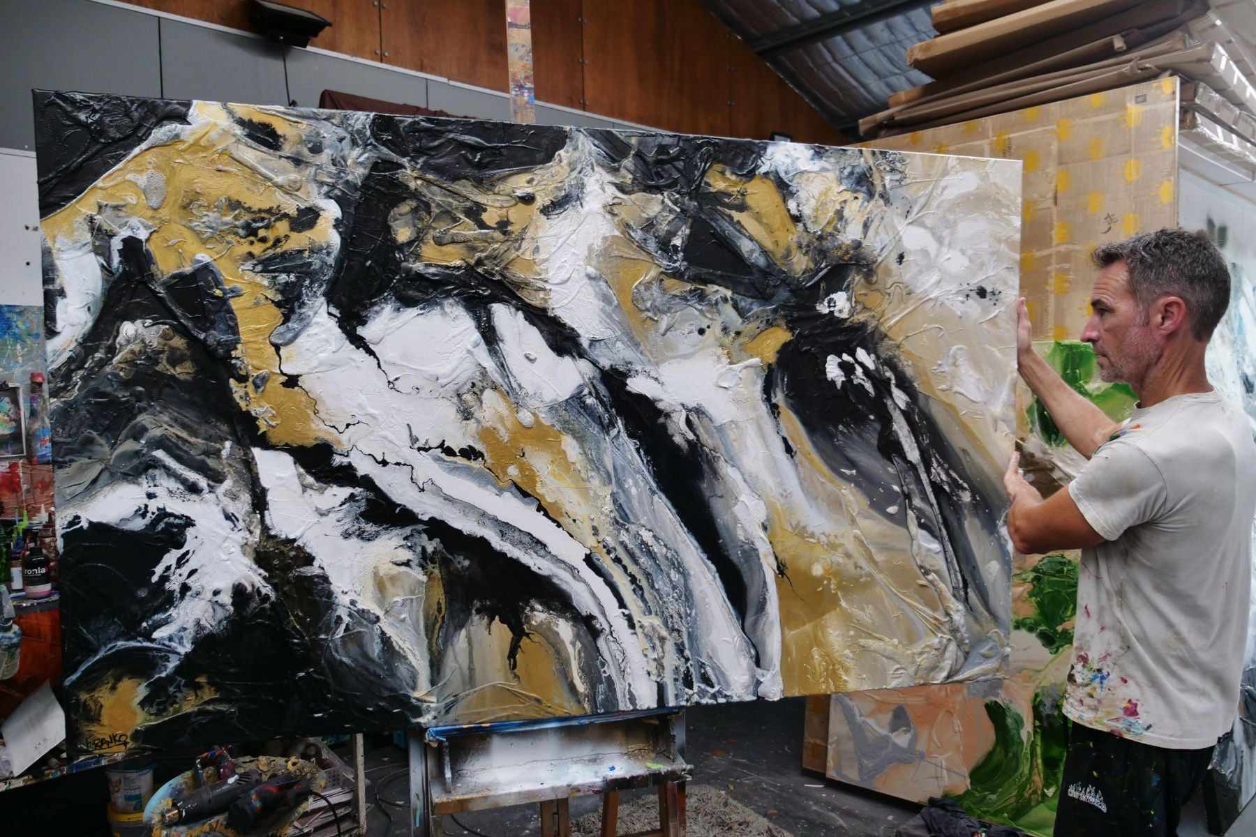 Golden Pearl 200cm x 120cm Black Gold White Textured Abstract Painting (SOLD)-Abstract-[Franko_Artist]-[The_Block]-[Dream_Homes]-[ideas]- [Grand_Designs]-Franklin Art Studio
