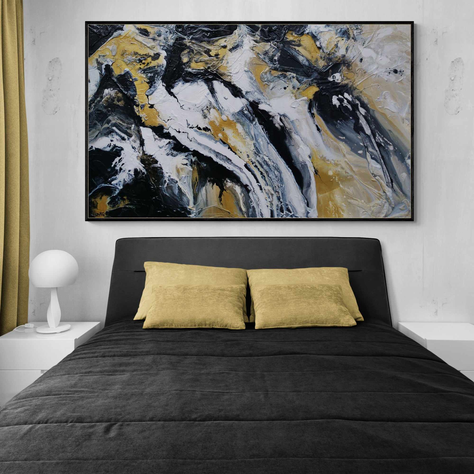Golden Pearl 200cm x 120cm Black Gold White Textured Abstract Painting (SOLD)-Abstract-[Franko_Artist]-[The_Block]-[Dream_Homes]-[ideas]-[Grand_Designs]-[Art_Lover]-Franklin Art Studio
