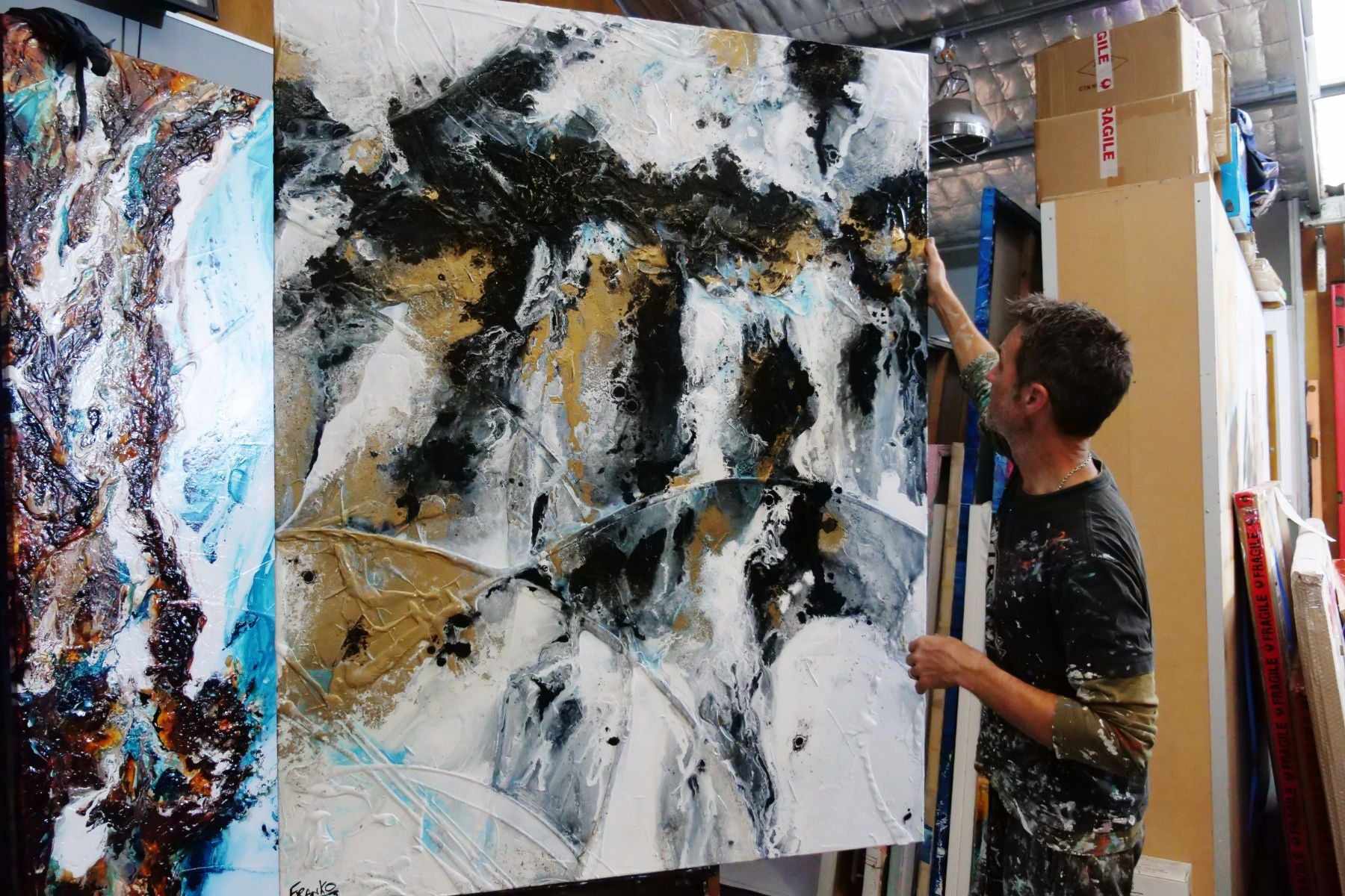 Golden Pepper 140cm x 180cm White Gold Black Textured Abstract Painting (SOLD)-Abstract-[Franko_Artist]-[The_Block]-[Dream_Homes]-[ideas]-[Grand_Designs]-[Art_Lover]-Franklin Art Studio