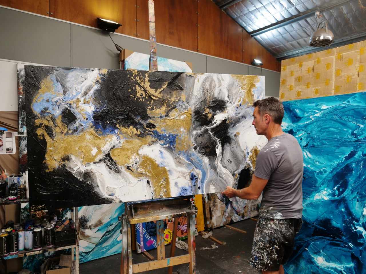 Golden Potion 190cm x 100cm Paynes Grey Gold Black Textured Abstract Painting (SOLD)-Abstract-[Franko_Artist]-[The_Block]-[Dream_Homes]-[ideas]-[Grand_Designs]-[Art_Lover]-Franklin Art Studio