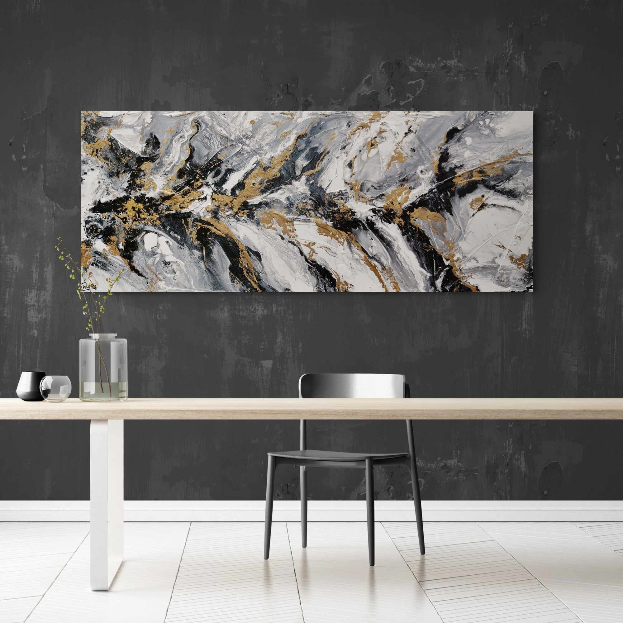 Golden Ransom 200cm x 80cm Gold White Black Textured Abstract Painting (SOLD)-Abstract-[Franko_Artist]-[The_Block]-[Dream_Homes]-[ideas]- [Grand_Designs]-Franklin Art Studio