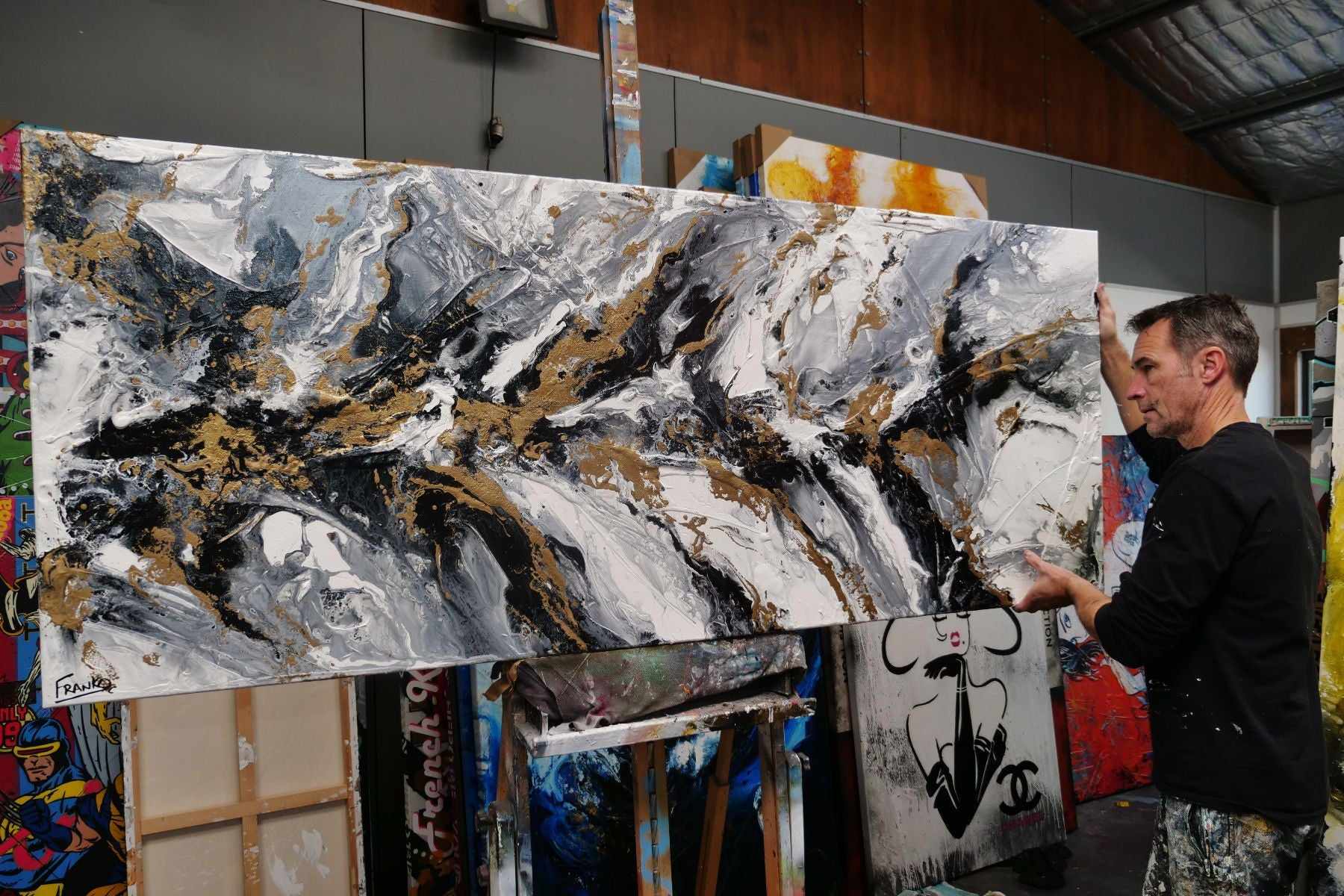 Golden Ransom 200cm x 80cm Gold White Black Textured Abstract Painting (SOLD)-Abstract-[Franko_Artist]-[The_Block]-[Dream_Homes]-[ideas]-[Grand_Designs]-[Art_Lover]-Franklin Art Studio
