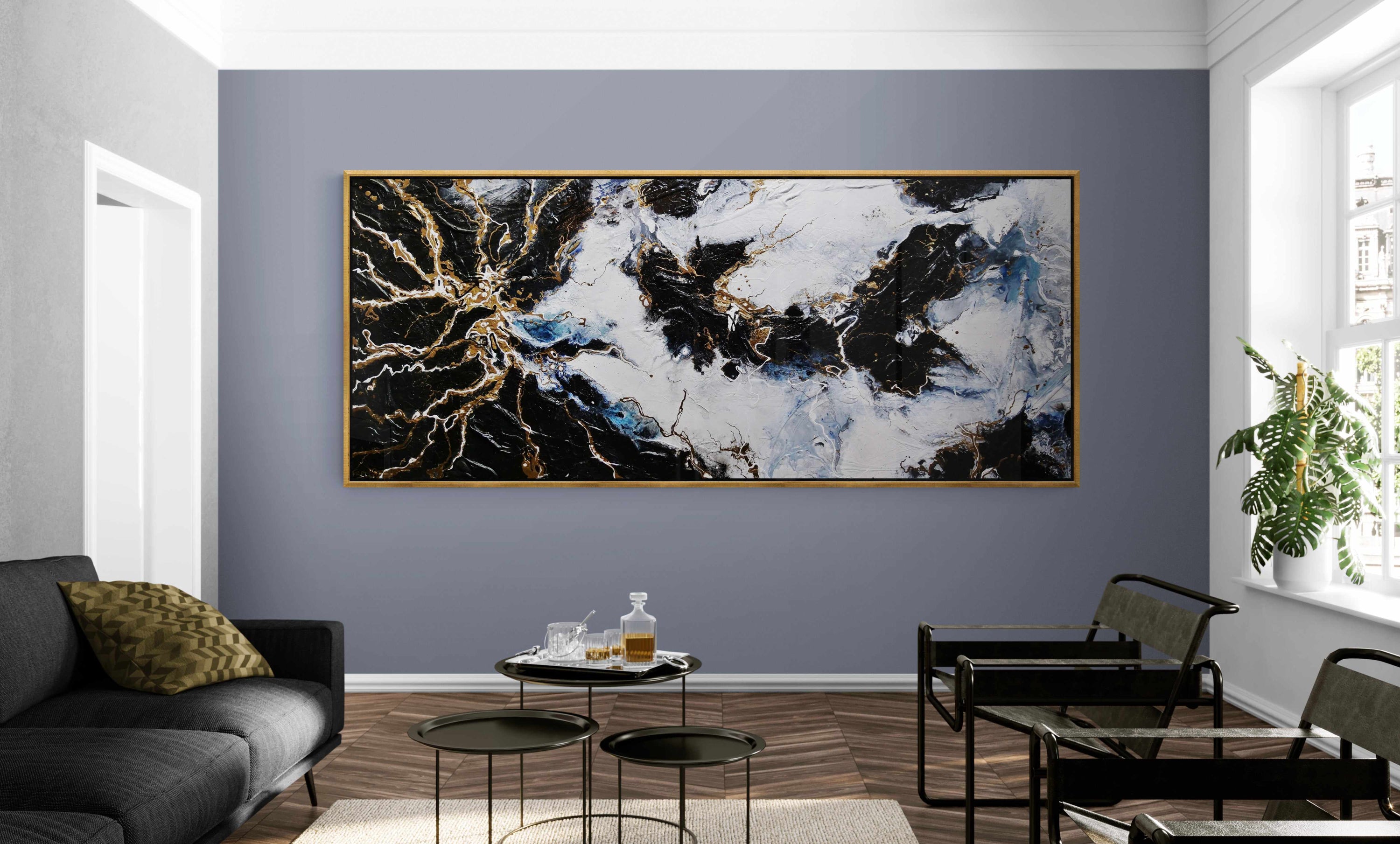 Golden Rapture 240cm x 100cm Black White Gold Textured Abstract Painting (SOLD)-Abstract-[Franko]-[Artist]-[Australia]-[Painting]-Franklin Art Studio
