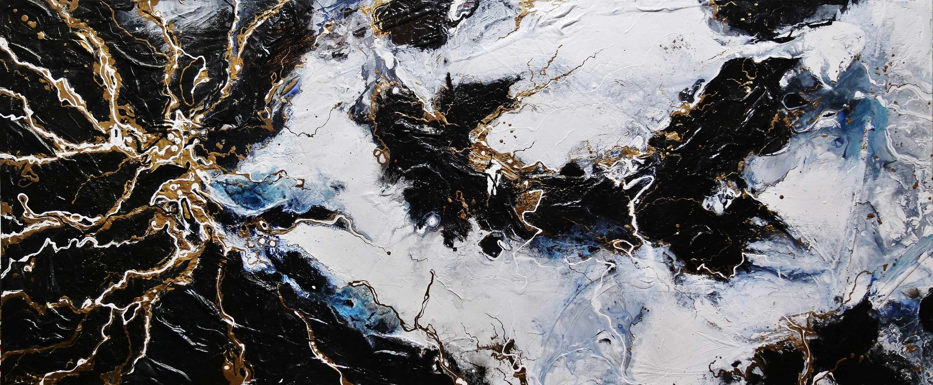 Golden Rapture 240cm x 100cm Black White Gold Textured Abstract Painting (SOLD)-Abstract-[Franko_Artist]-[Australian_artist]-[Gold_Coast]-[Brisbane]-[modern]-[contemporary]-[original]-[Large_artwork]-Franklin Art Studio