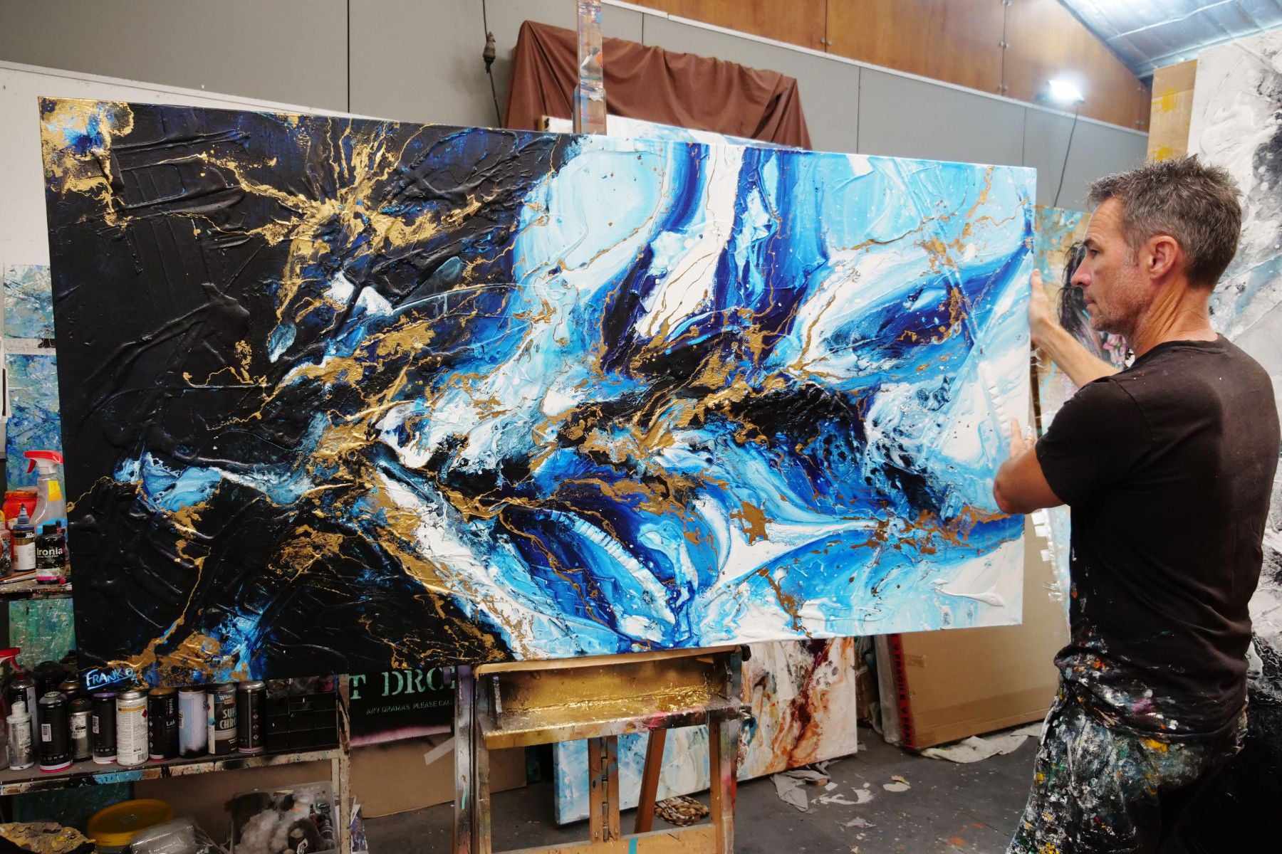 Golden Sapphire 190cm x 100cm Blue Gold Textured Abstract Painting (SOLD)-Abstract-[Franko_Artist]-[The_Block]-[Dream_Homes]-[ideas]- [Grand_Designs]-Franklin Art Studio