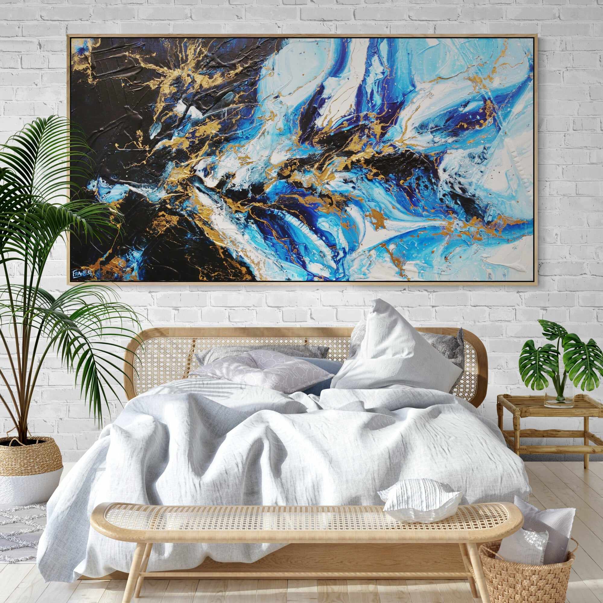 Golden Sapphire 190cm x 100cm Blue Gold Textured Abstract Painting (SOLD)-Abstract-[Franko_Artist]-[The_Block]-[Dream_Homes]-[ideas]-[Grand_Designs]-[Art_Lover]-Franklin Art Studio