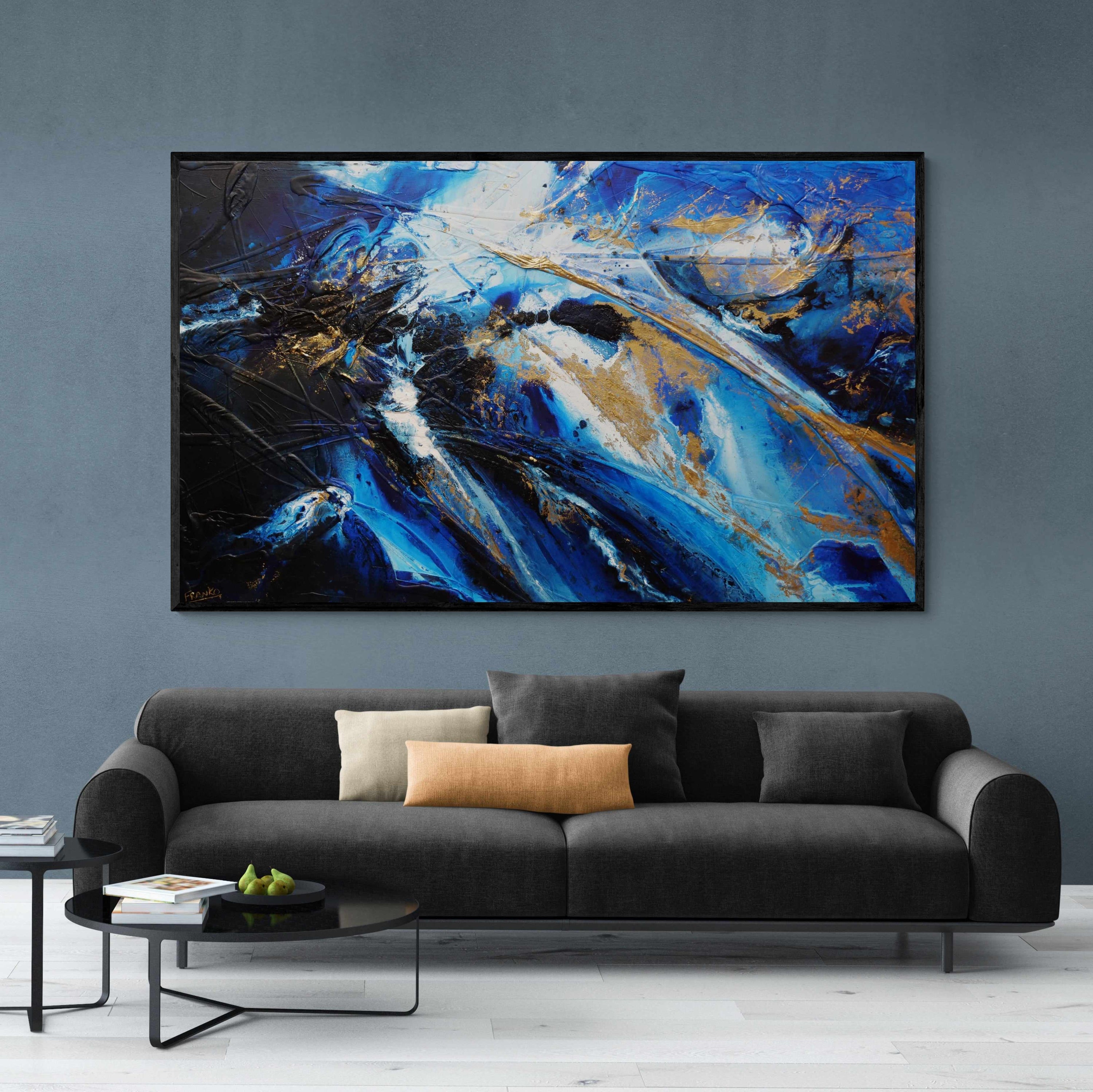 Golden Sapphire 200cm x 120cm Blue Gold White Textured Abstract Painting (SOLD)-Abstract-[Franko_Artist]-[The_Block]-[Dream_Homes]-[ideas]- [Grand_Designs]-Franklin Art Studio