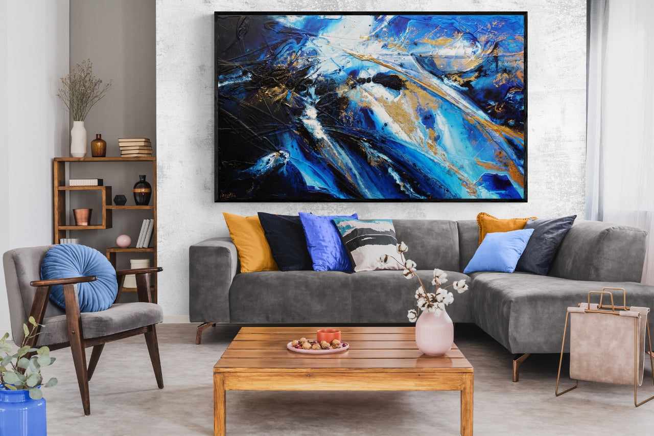 Golden Sapphire 200cm x 120cm Blue Gold White Textured Abstract Painting (SOLD)-Abstract-[Franko_Artist]-[The_Block]-[Dream_Homes]-[ideas]-[Grand_Designs]-[Art_Lover]-Franklin Art Studio