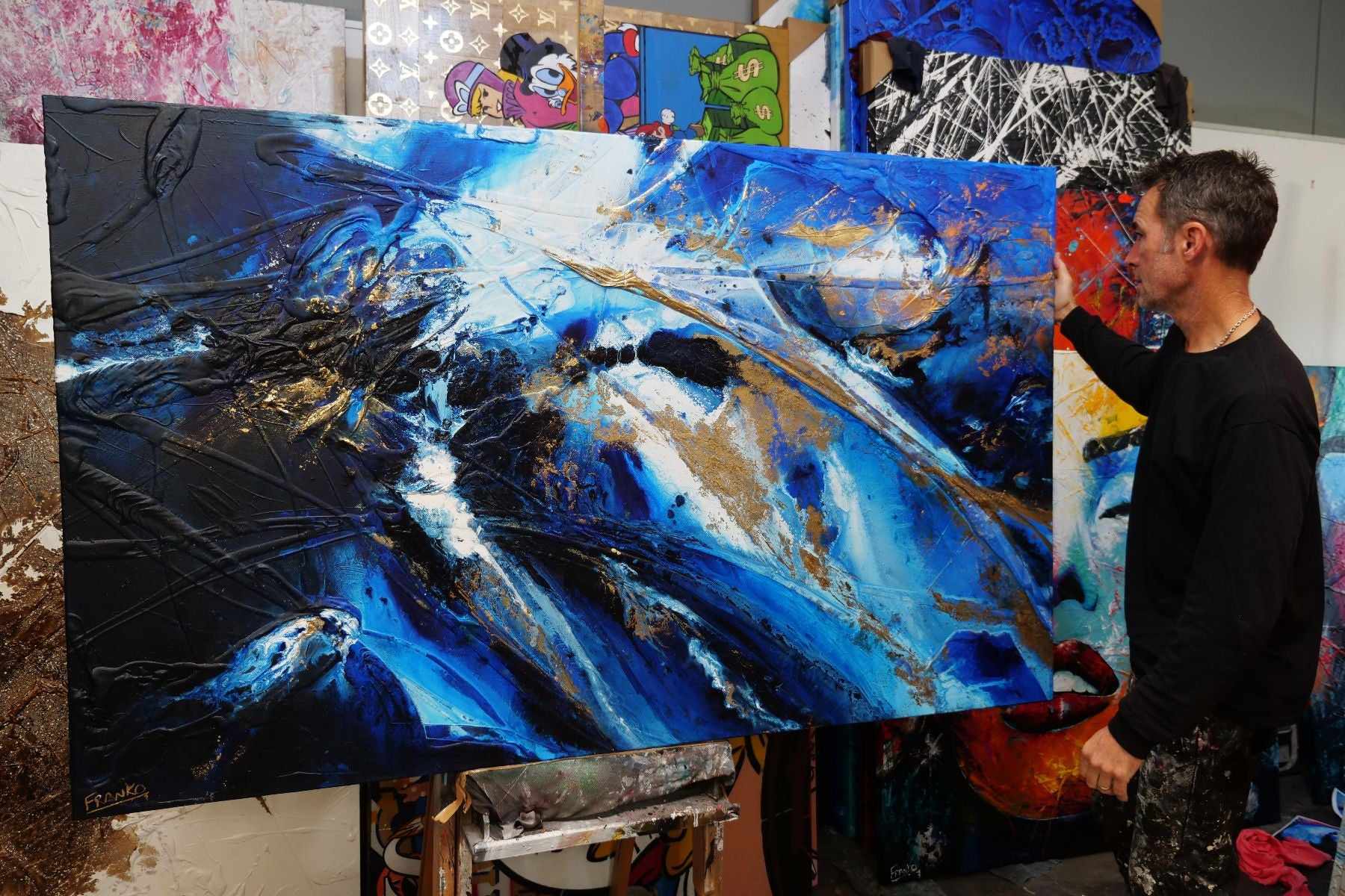 Golden Sapphire 200cm x 120cm Blue Gold White Textured Abstract Painting (SOLD)