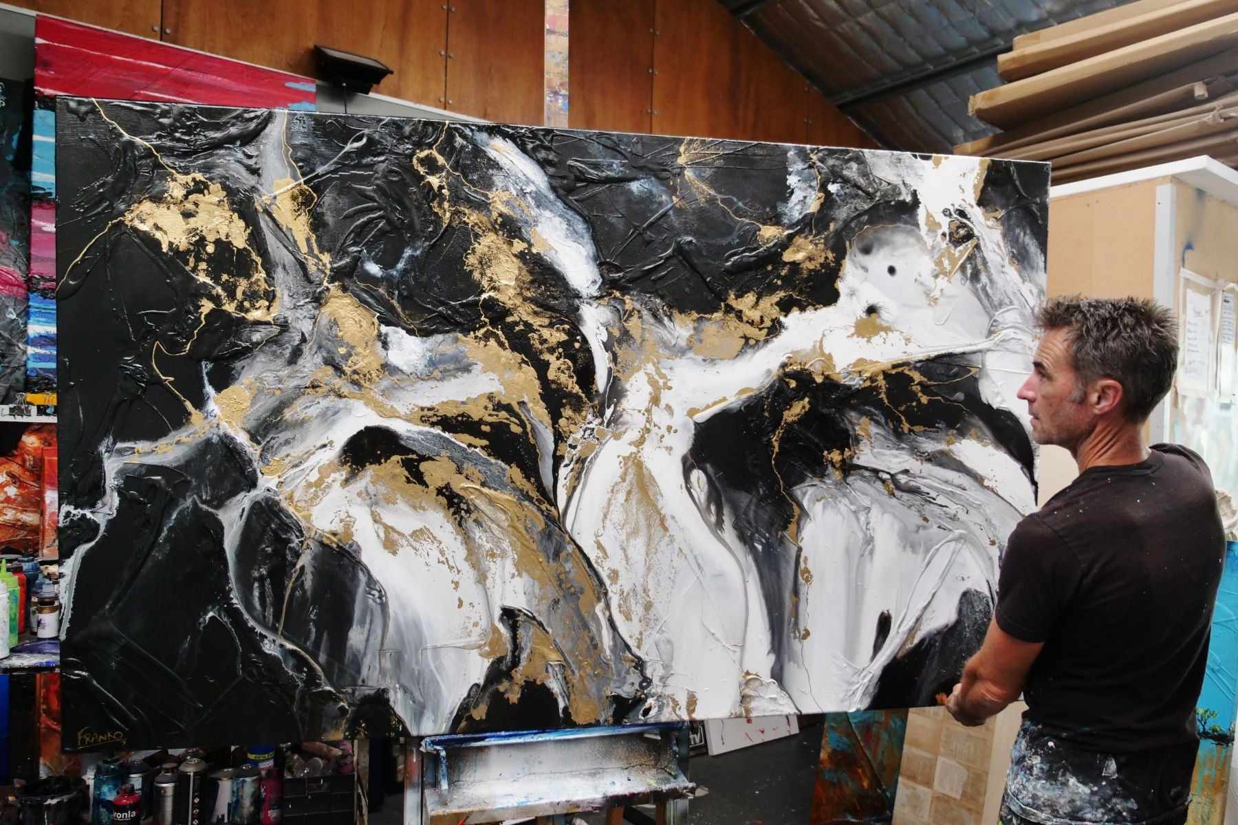 Golden Silk 200cm x 120cm Black White Gold Textured Abstract Painting (SOLD)-Abstract-[Franko_Artist]-[The_Block]-[Dream_Homes]-[ideas]- [Grand_Designs]-Franklin Art Studio