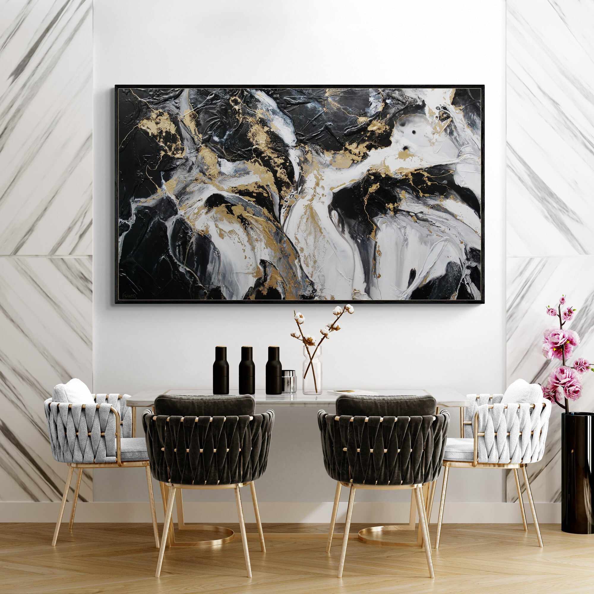 Golden Silk 200cm x 120cm Black White Gold Textured Abstract Painting (SOLD)-Abstract-[Franko_Artist]-[The_Block]-[Dream_Homes]-[ideas]-[Grand_Designs]-[Art_Lover]-Franklin Art Studio