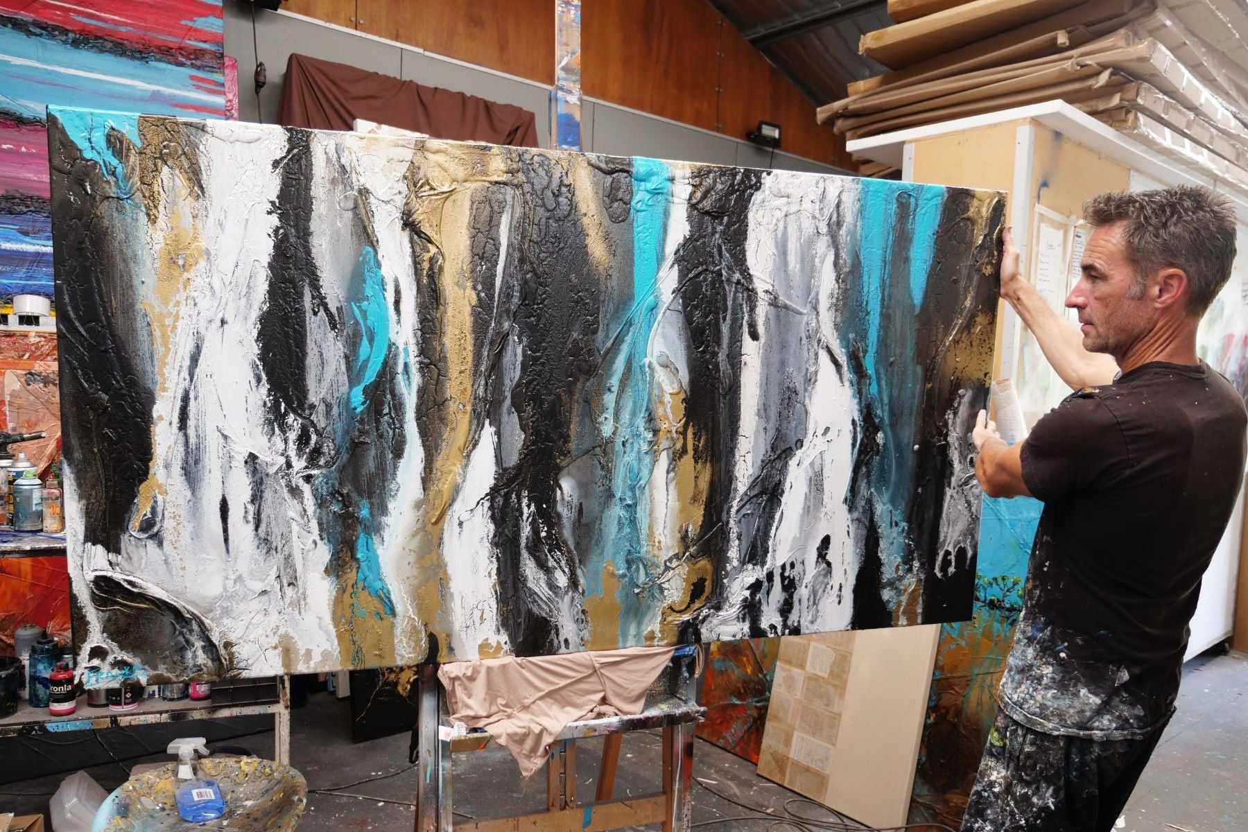 Golden Teal 190cm x 100cm Black Teal Gold Textured Abstract Painting (SOLD)-Abstract-[Franko_Artist]-[The_Block]-[Dream_Homes]-[ideas]- [Grand_Designs]-Franklin Art Studio