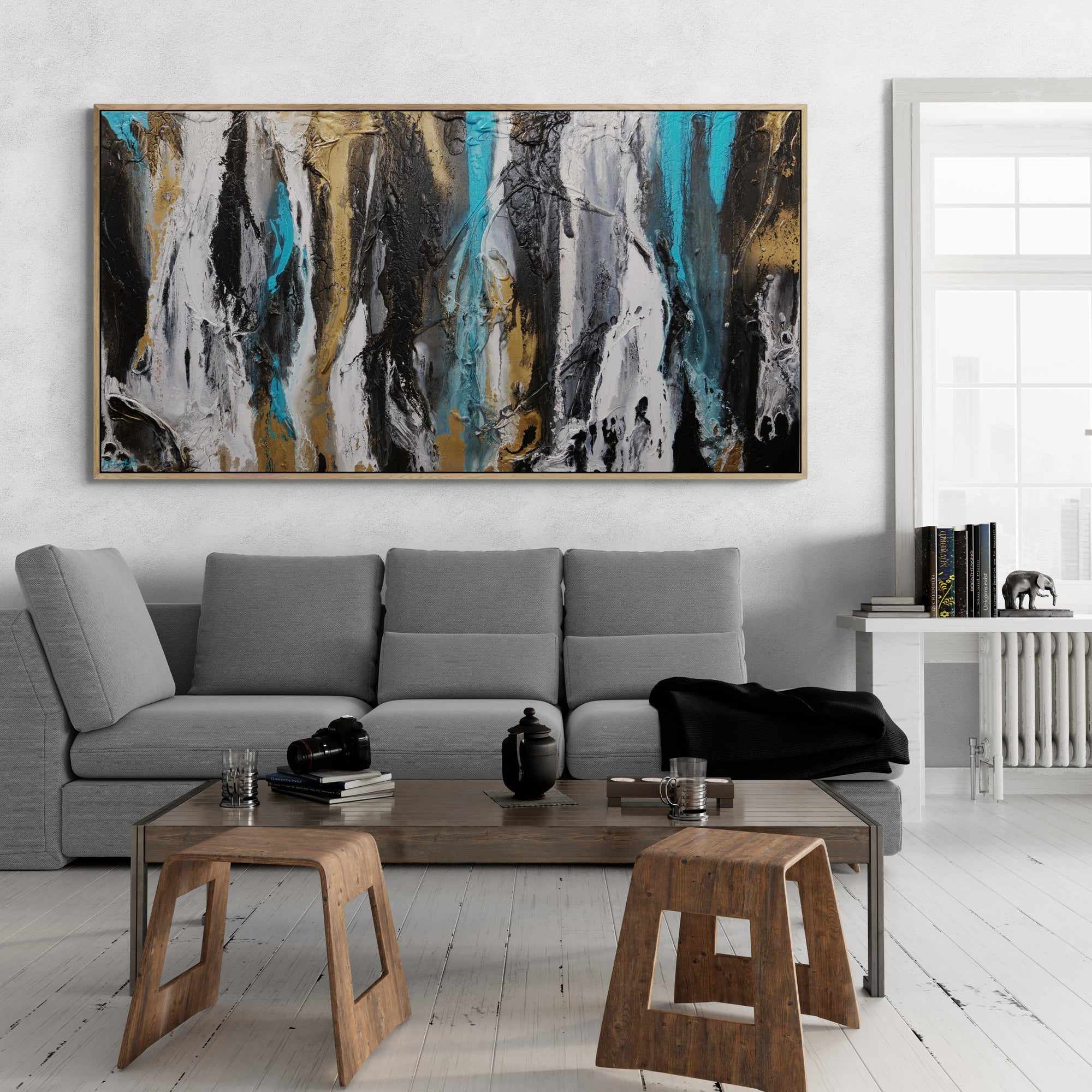 Golden Teal 190cm x 100cm Black Teal Gold Textured Abstract Painting (SOLD)-Abstract-[Franko_Artist]-[The_Block]-[Dream_Homes]-[ideas]-[Grand_Designs]-[Art_Lover]-Franklin Art Studio