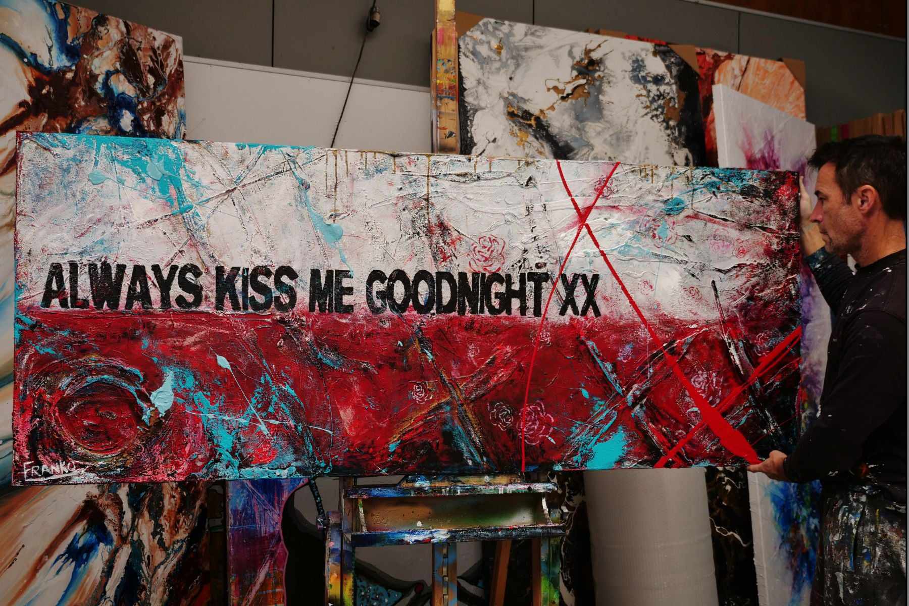 Goodnight Kisses 200cm x 80cm Always Kiss Me Goodnight Textured Urban Pop Art Painting (SOLD)-Urban Pop Art-[Franko_Artist]-[The_Block]-[Dream_Homes]-[ideas]- [Grand_Designs]-Franklin Art Studio