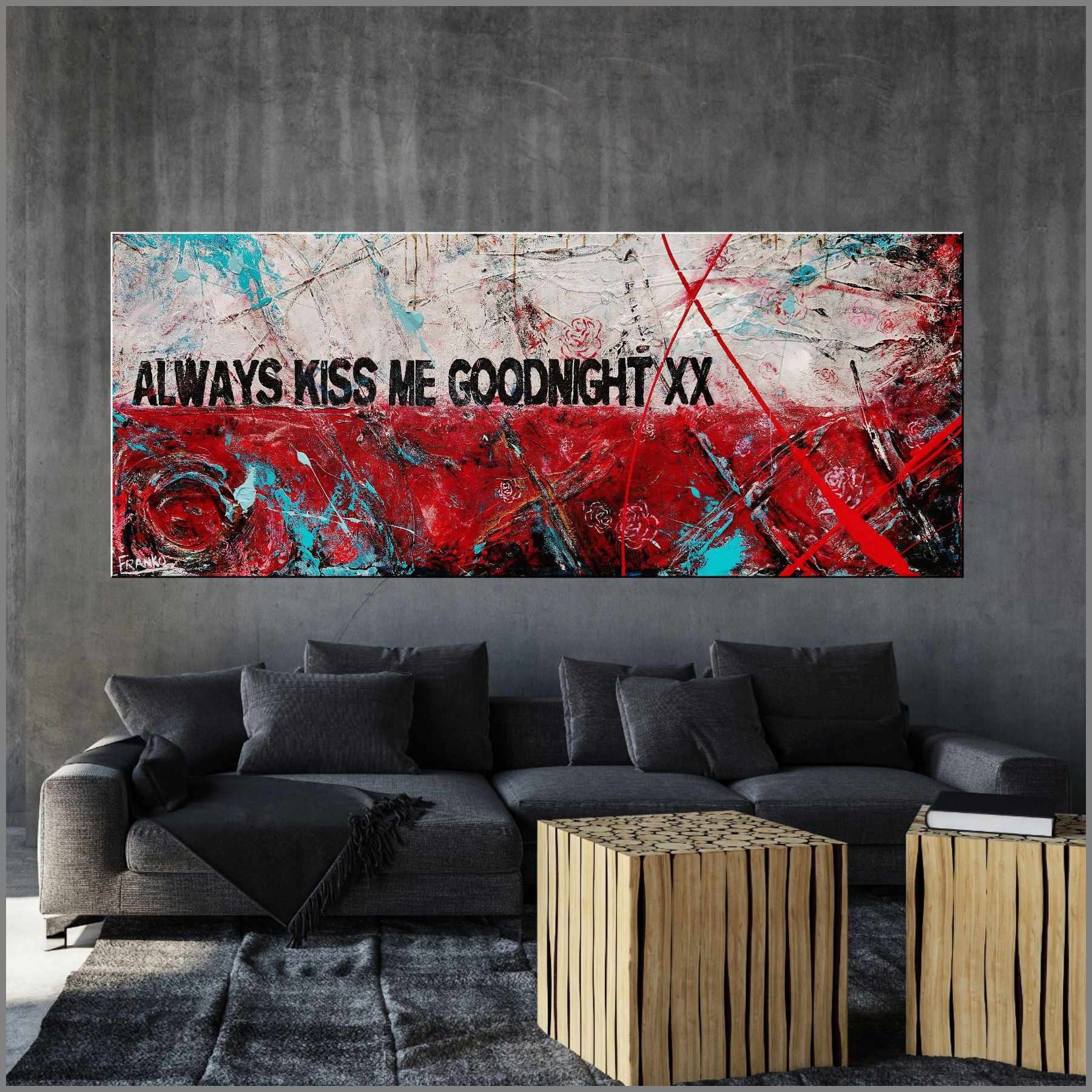 Goodnight Kisses 200cm x 80cm Always Kiss Me Goodnight Textured Urban Pop Art Painting (SOLD)-Urban Pop Art-[Franko_Artist]-[Australian_artist]-[Gold_Coast]-[Brisbane]-[modern]-[contemporary]-[original]-[Large_artwork]-[The_Block]-[Dream_Homes]-[ideas]-[Grand_Designs]-[Art_Lover]-Franklin Art Studio
