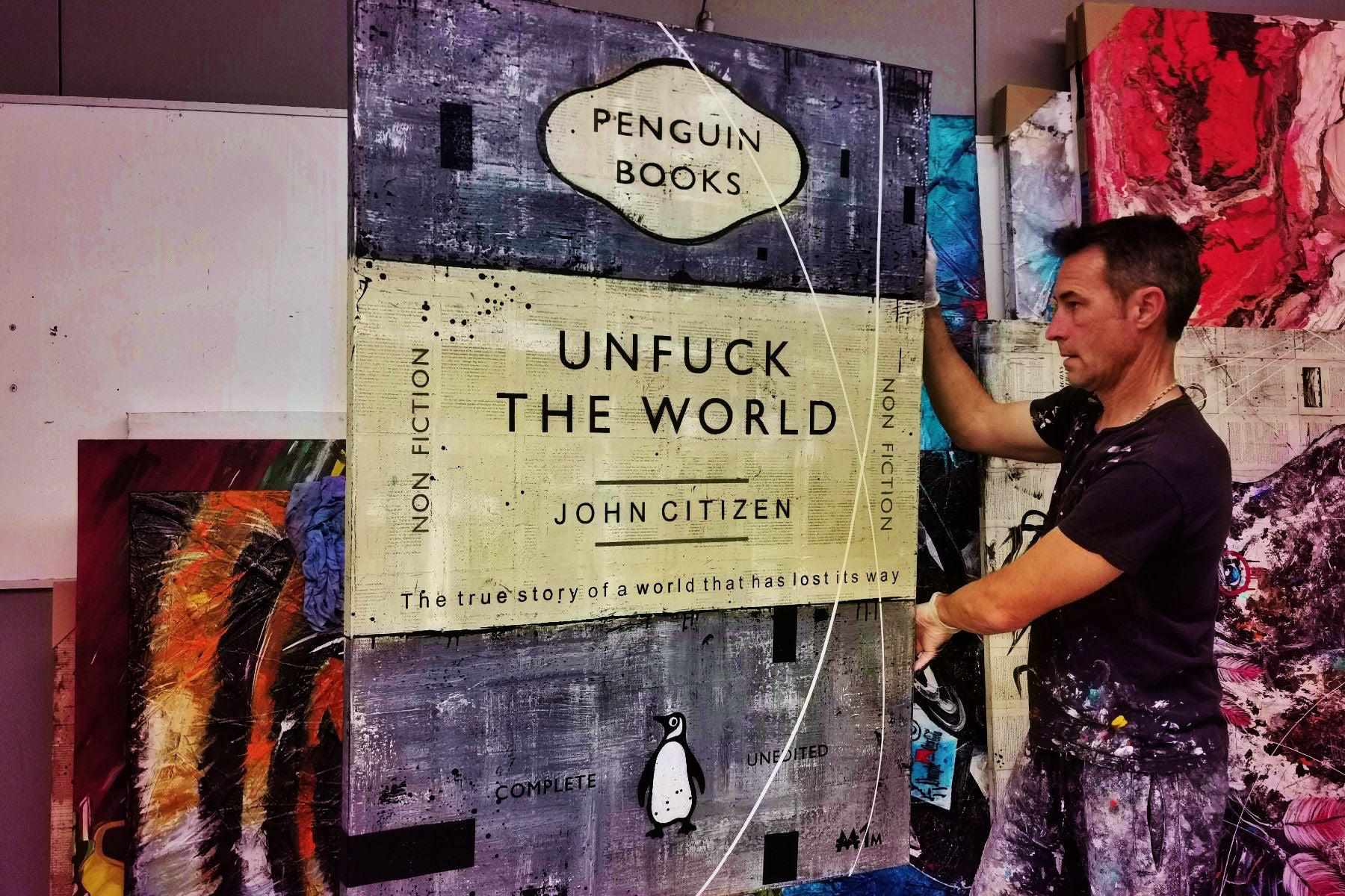 Grey Unfucker 140cm x 100cm Unfuck The World Urban Pop Book Club Painting (SOLD)-book club-[Franko_Artist]-[The_Block]-[Dream_Homes]-[ideas]- [Grand_Designs]-Franklin Art Studio