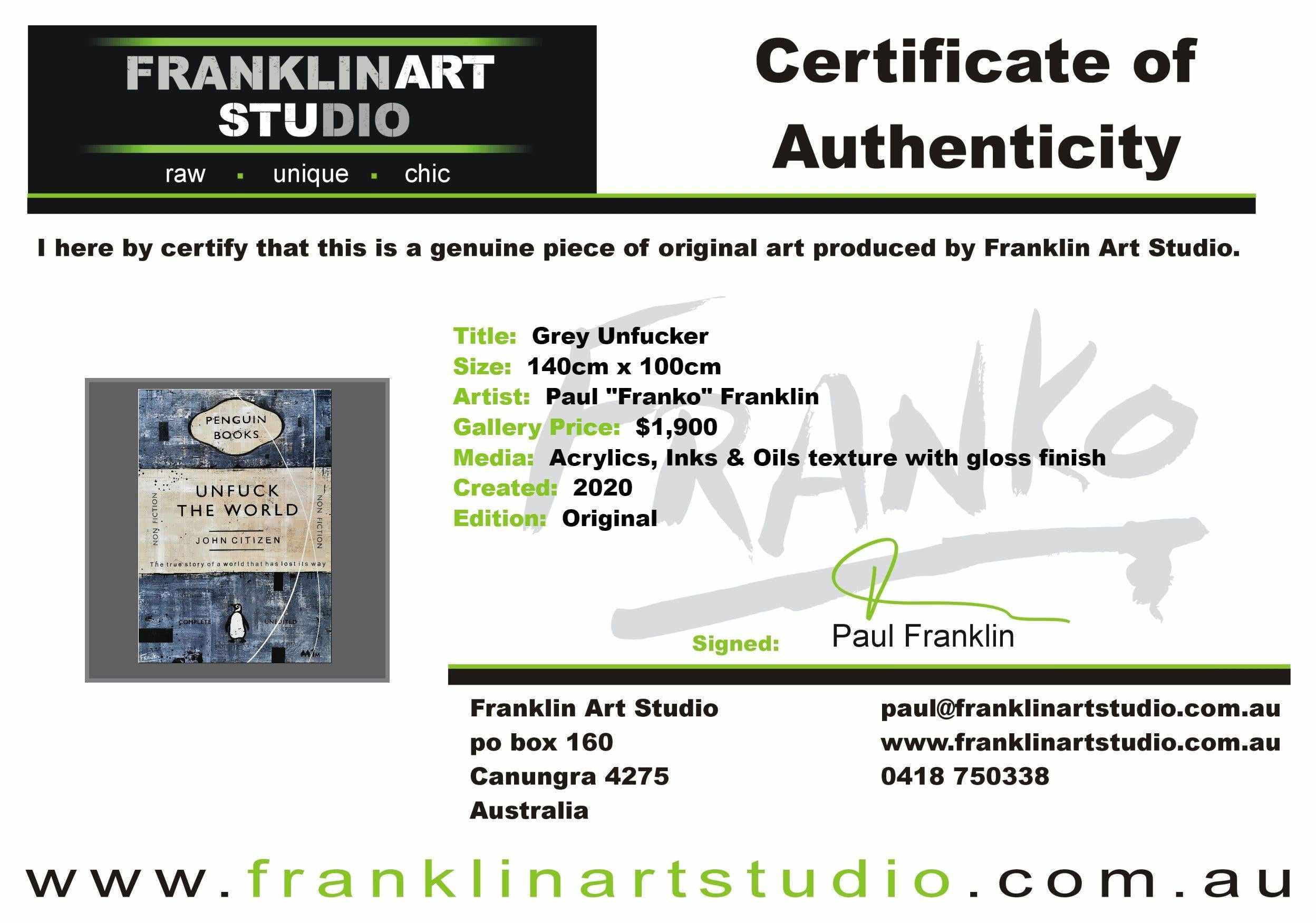 Grey Unfucker 140cm x 100cm Unfuck The World Urban Pop Book Club Painting (SOLD)-book club-[Franko_Artist]-[The_Block]-[Dream_Homes]-[ideas]-[Grand_Designs]-[Art_Lover]-Franklin Art Studio