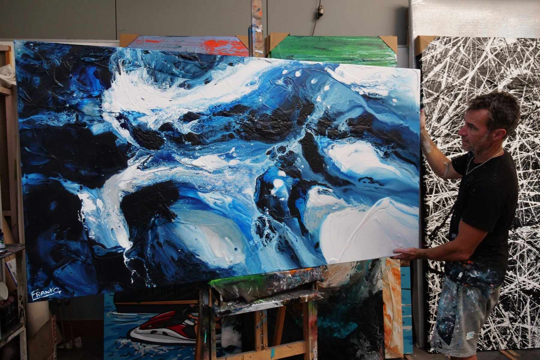 Hamptons Rush 190cm x 100cm Blue White Textured Abstract Painting (SOLD)-Abstract-[Franko_Artist]-[The_Block]-[Dream_Homes]-[ideas]- [Grand_Designs]-Franklin Art Studio