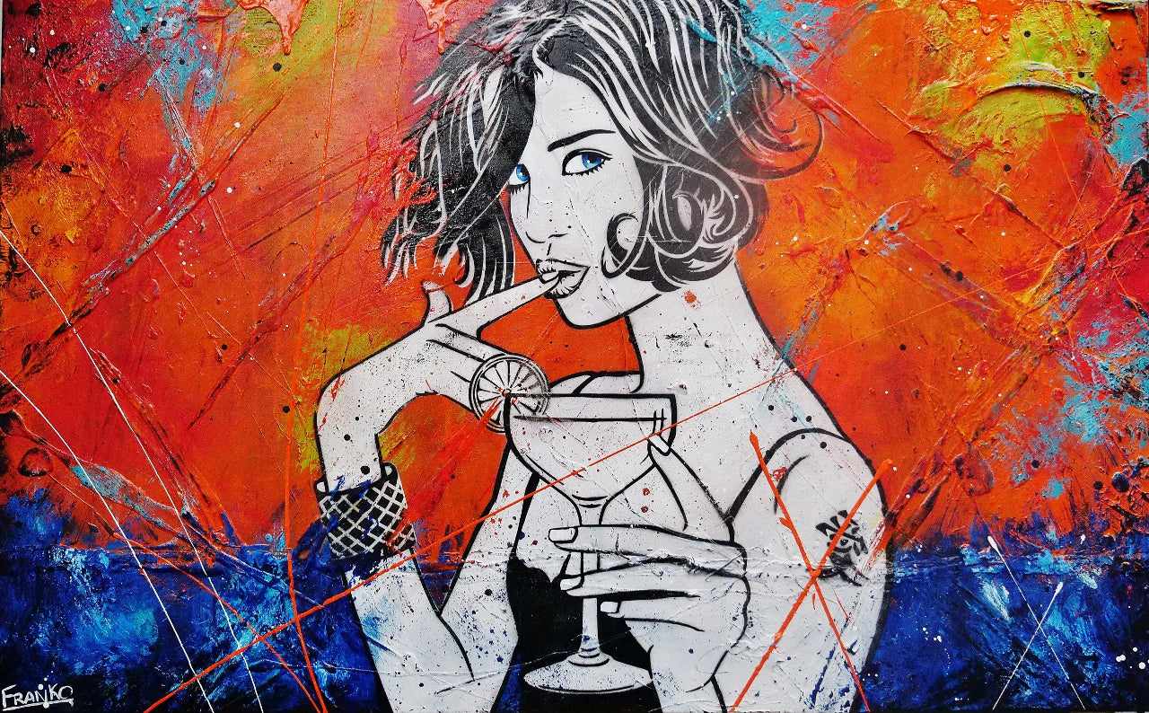 Happy Cocktail Hour 160cm x 100cm Textured Urban Pop Art Painting (SOLD)-Urban Pop Art-[Franko_Artist]-[Australian_artist]-[Gold_Coast]-[Brisbane]-[modern]-[contemporary]-[original]-[Large_artwork]-Franklin Art Studio