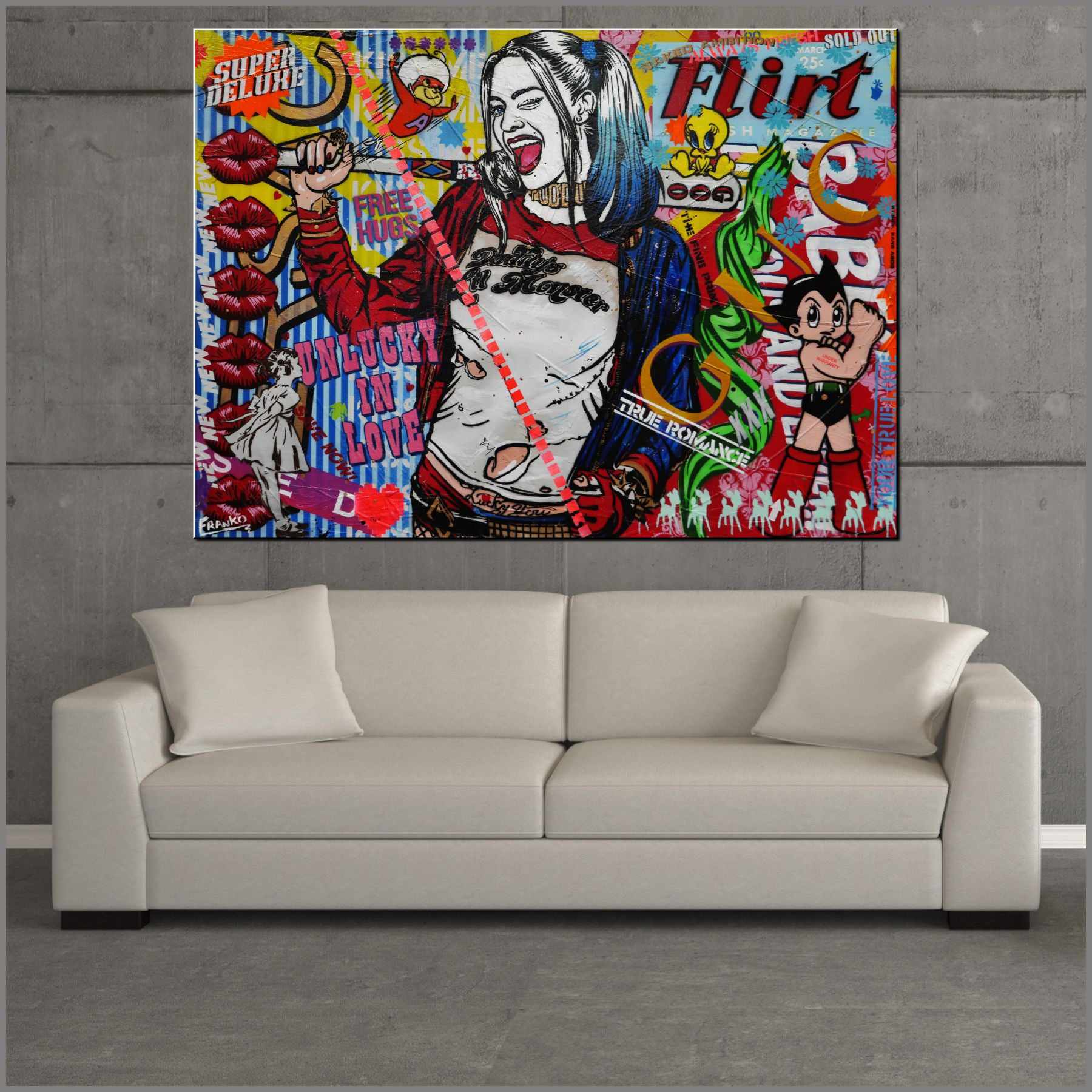 Harley Quinns Tweety 140cm x 100cm Harley Quinn Textured Urban Pop Art Painting (SOLD)-urban pop-[Franko_Artist]-[Australian_artist]-[Gold_Coast]-[Brisbane]-[modern]-[contemporary]-[original]-[Large_artwork]-[The_Block]-[Dream_Homes]-[ideas]-[Grand_Designs]-[Art_Lover]-Franklin Art Studio