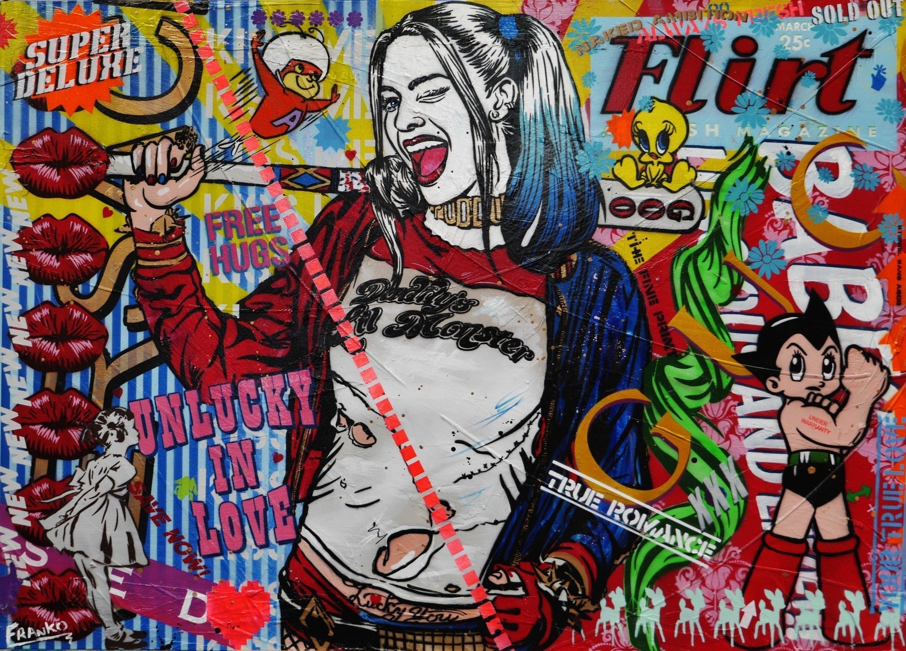 Harley Quinns Tweety 140cm x 100cm Harley Quinn Textured Urban Pop Art Painting (SOLD)-urban pop-[Franko_Artist]-[Australian_artist]-[Gold_Coast]-[Brisbane]-[modern]-[contemporary]-[original]-[Large_artwork]-Franklin Art Studio